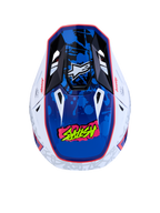 Alpinestars S-M7 Blaster Helm, Motocross-Helm in Weiß und Blau, ECE 22.06-zertifiziert, glänzende Farbspritzer-Grafik.
