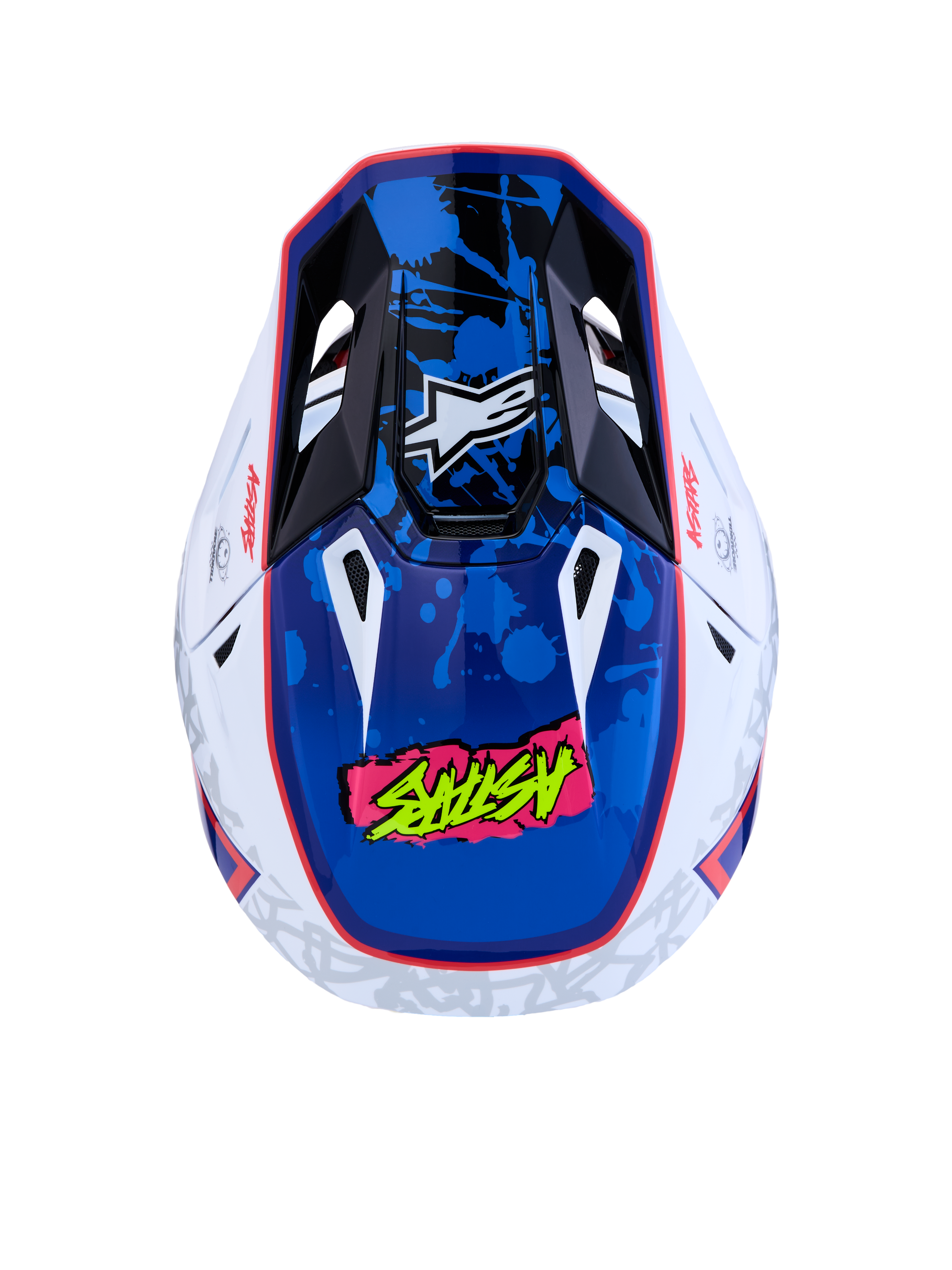 Alpinestars S-M7 Blaster Helm, Motocross-Helm in Weiß und Blau, ECE 22.06-zertifiziert, glänzende Farbspritzer-Grafik.