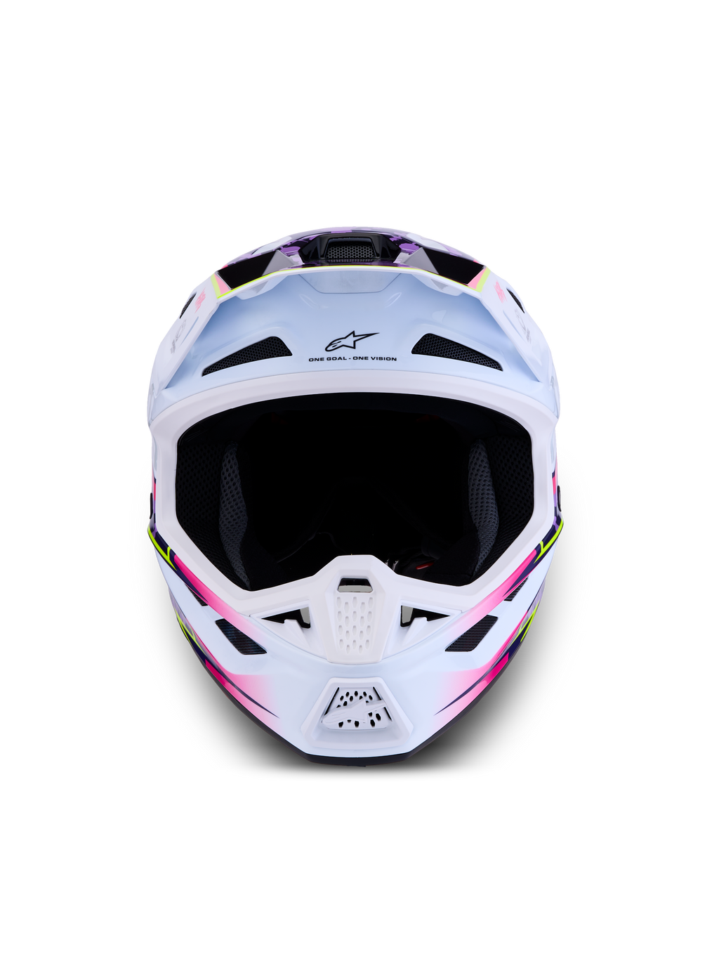 Alpinestars S-M7 Blaster Helm ECE06, weißer Motocross-Helm mit lila und pinken glänzenden Grafiken für Offroad-Rennen.