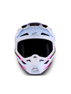 Alpinestars S-M7 Blaster Helm ECE06, weißer Motocross-Helm mit lila und pinken glänzenden Grafiken für Offroad-Rennen.
