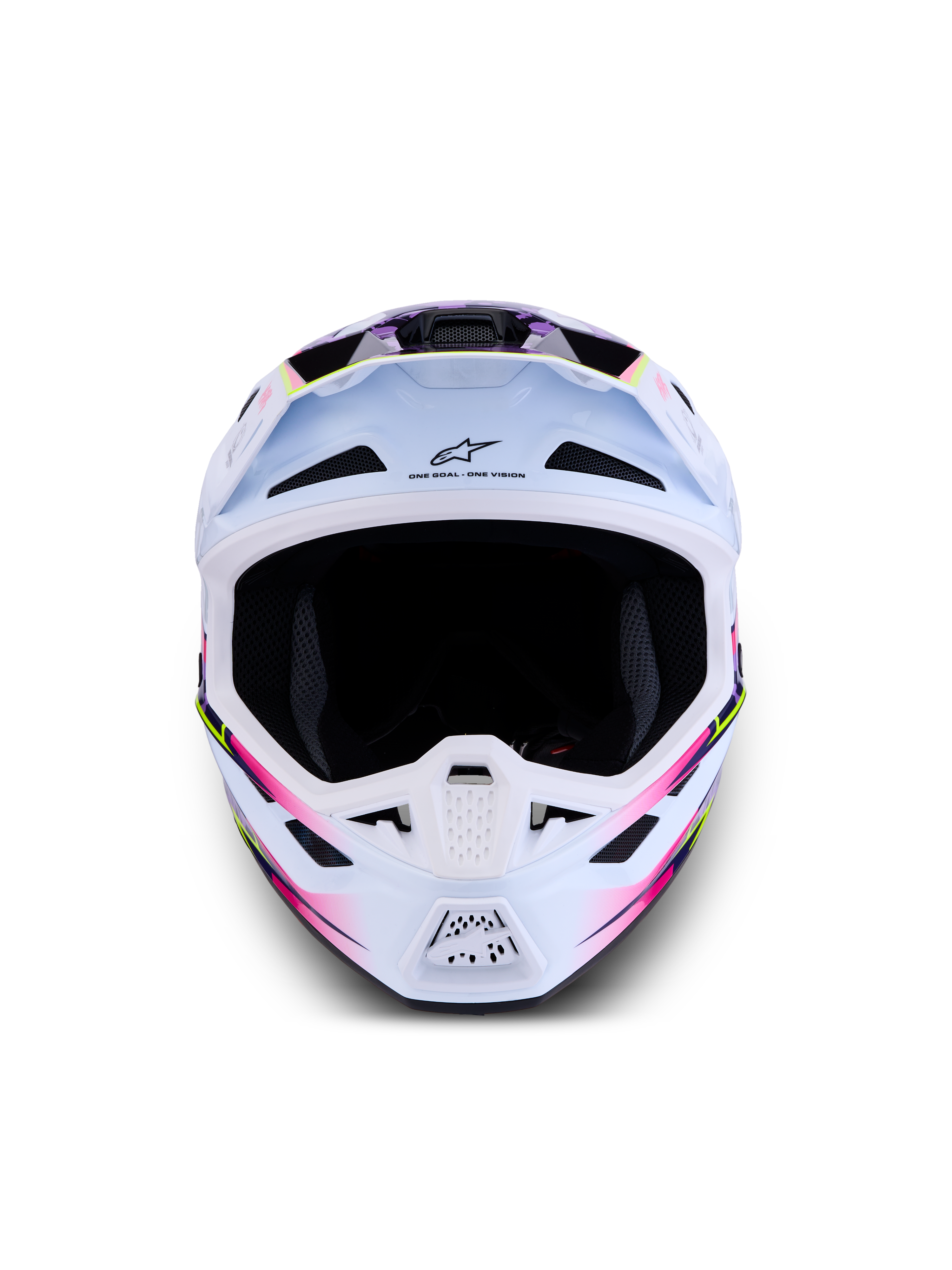 Alpinestars S-M7 Blaster Helm ECE06, weißer Motocross-Helm mit lila und pinken glänzenden Grafiken für Offroad-Rennen.