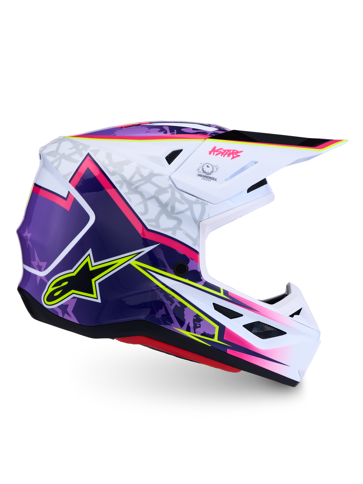 Alpinestars S-M7 Blaster Motocross-Helm, glänzendes Lila, Pink und Weiß, ECE 22.06 zertifiziert, aerodynamische Schale.
