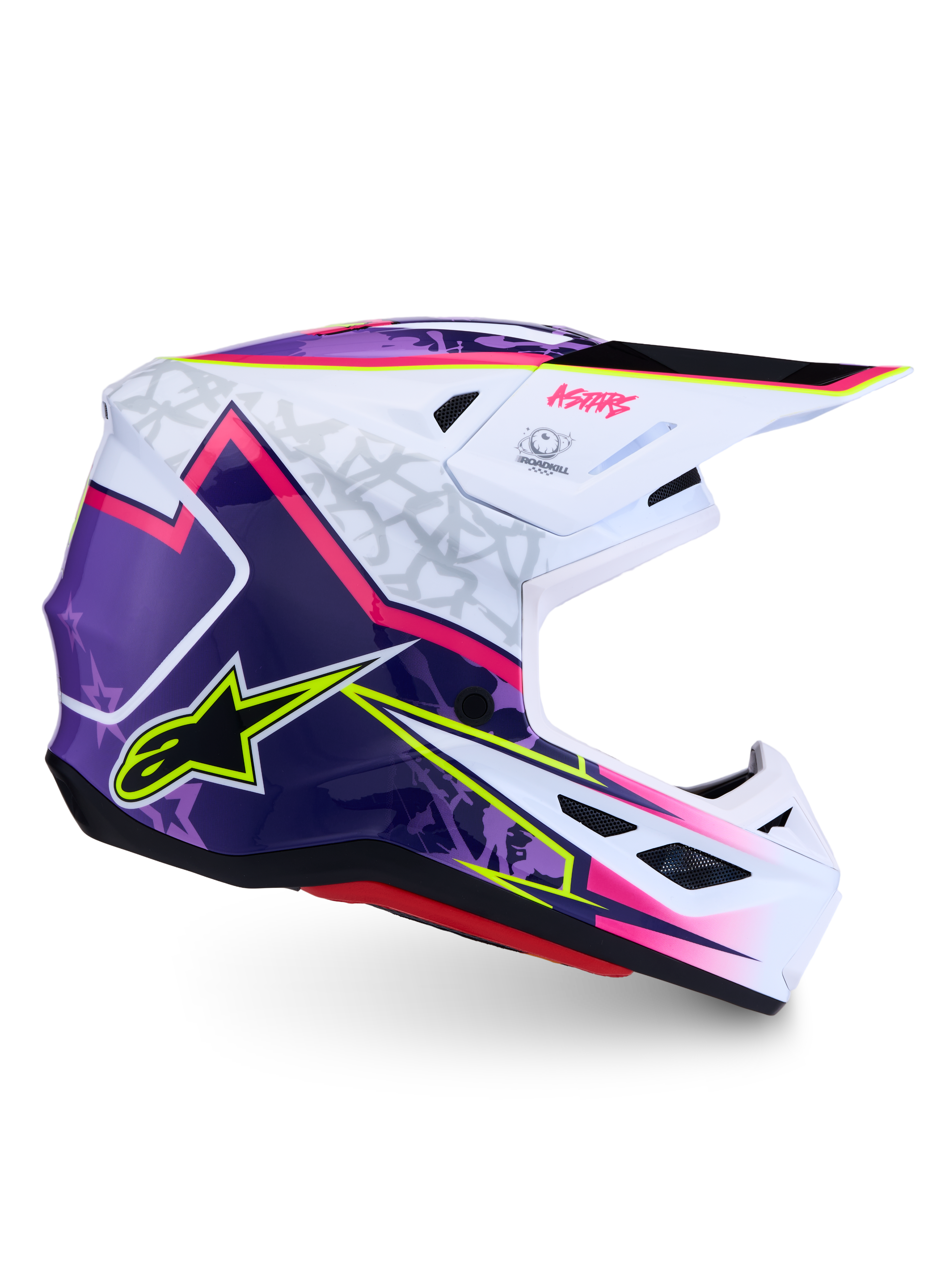 Alpinestars S-M7 Blaster Motocross-Helm, glänzendes Lila, Pink und Weiß, ECE 22.06 zertifiziert, aerodynamische Schale.