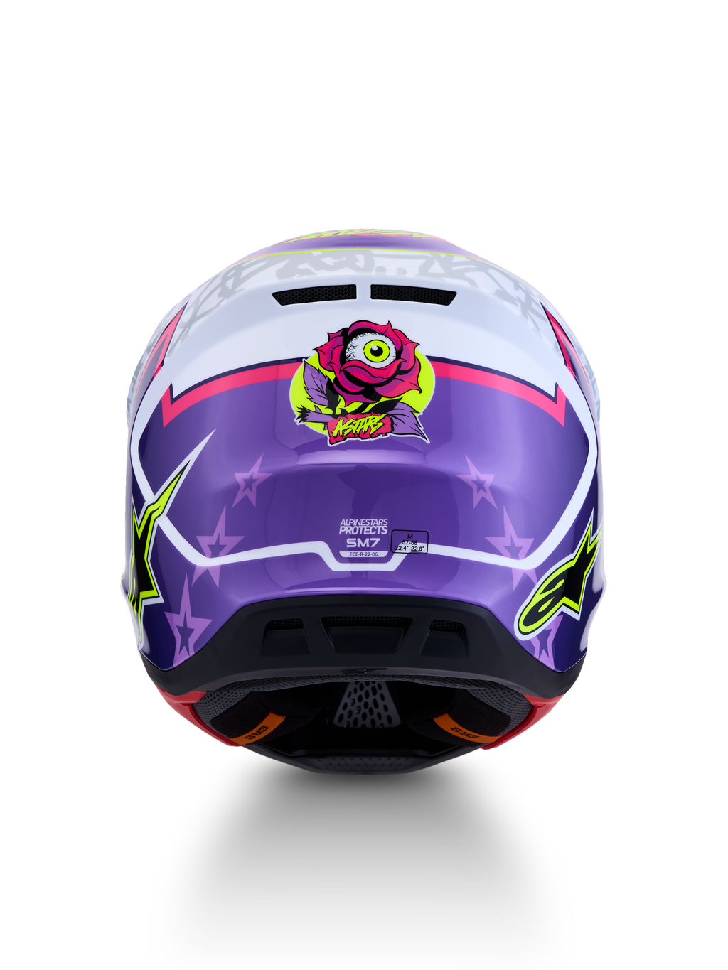 Alpinestars S-M7 Blaster Helm ECE06, Motocross-Helm, Lila und Pink, glänzend, Rosen-Grafik, Sternenmotiven, ECE-zertifiziert.