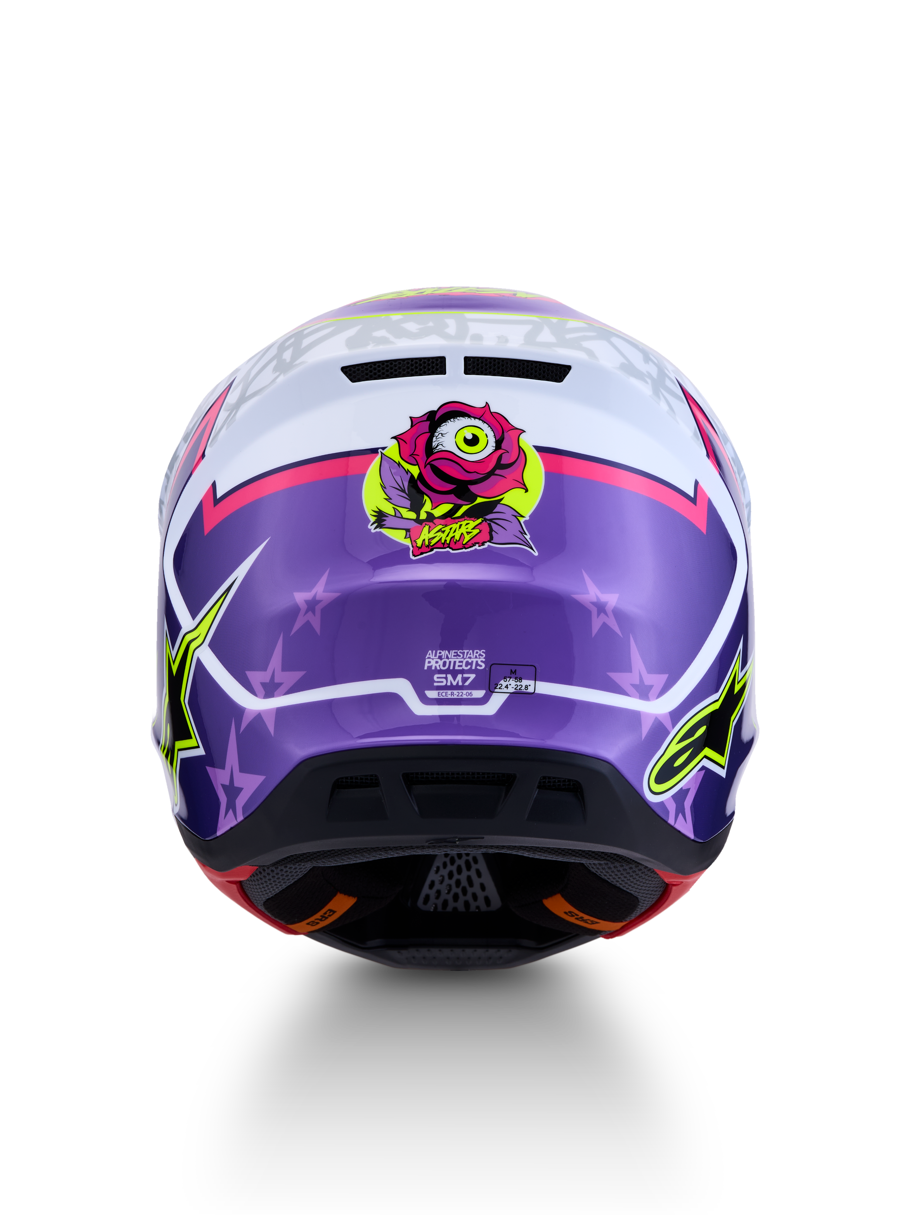 Alpinestars S-M7 Blaster Helm ECE06, Motocross-Helm, Lila und Pink, glänzend, Rosen-Grafik, Sternenmotiven, ECE-zertifiziert.