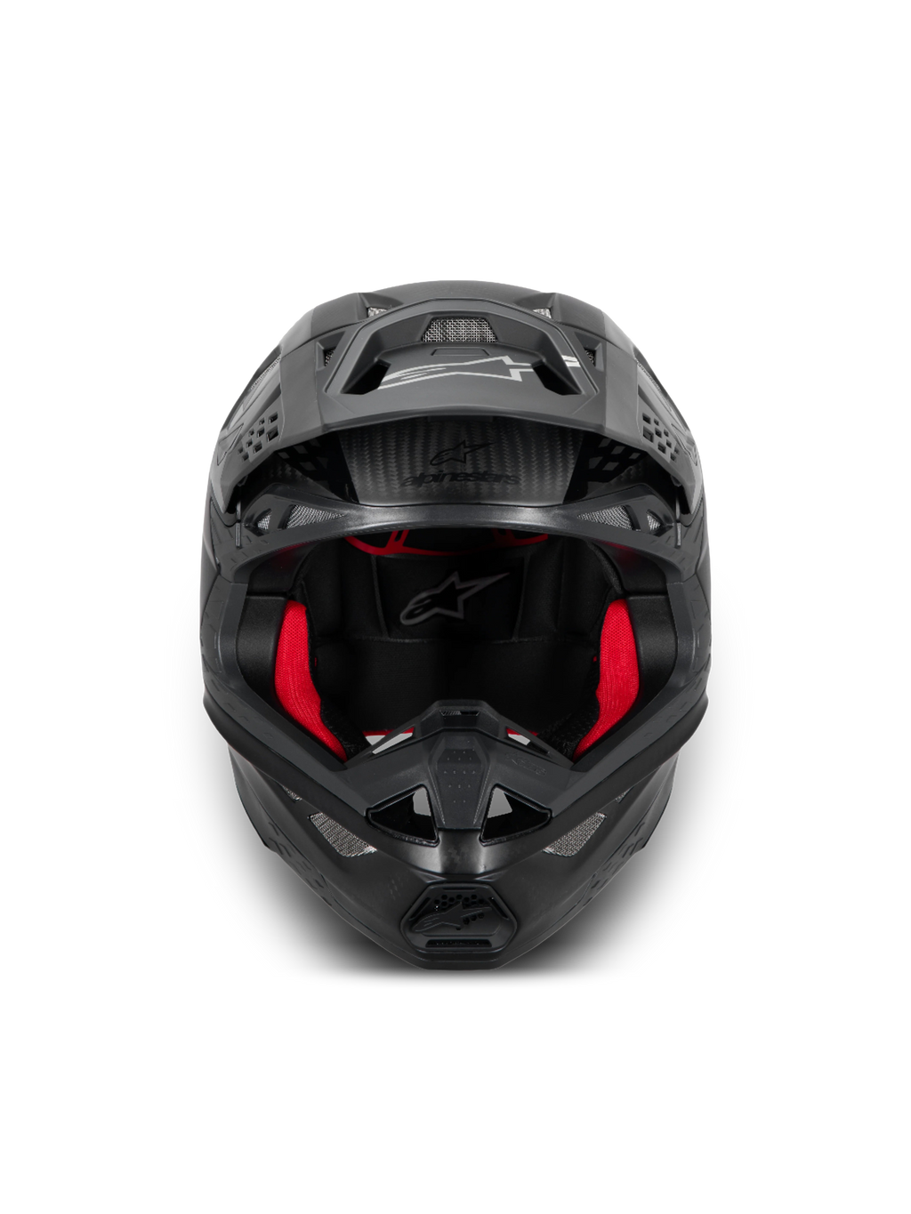 Alpinestars Supertech M10 Fame Helm, Motocross-Helm, Schwarz-Carbon und Rot, ECE 22.06-zertifiziert, hochwertige Carbonkonstruktion.