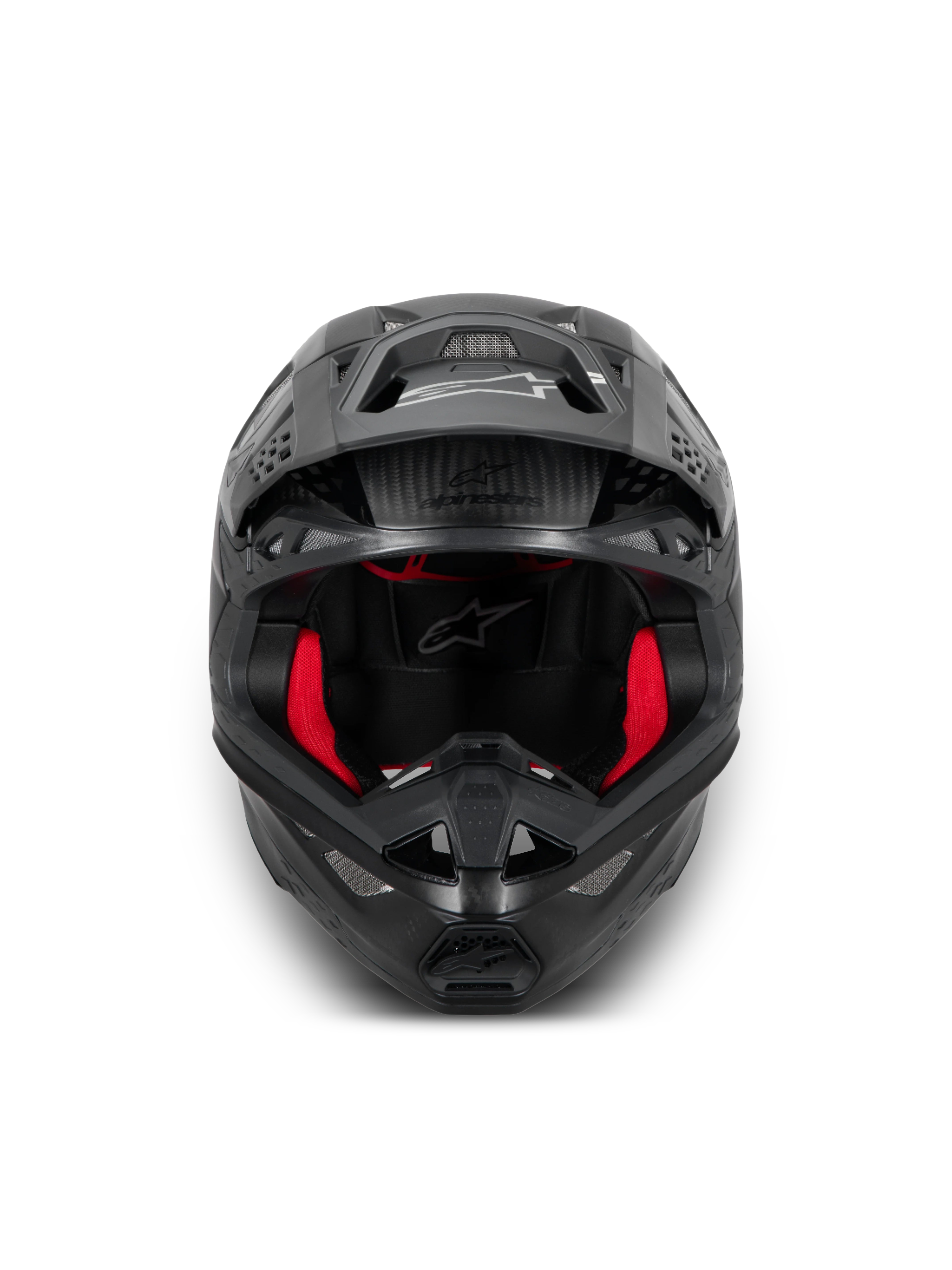 Alpinestars Supertech M10 Fame Helm, Motocross-Helm, Schwarz-Carbon und Rot, ECE 22.06-zertifiziert, hochwertige Carbonkonstruktion.