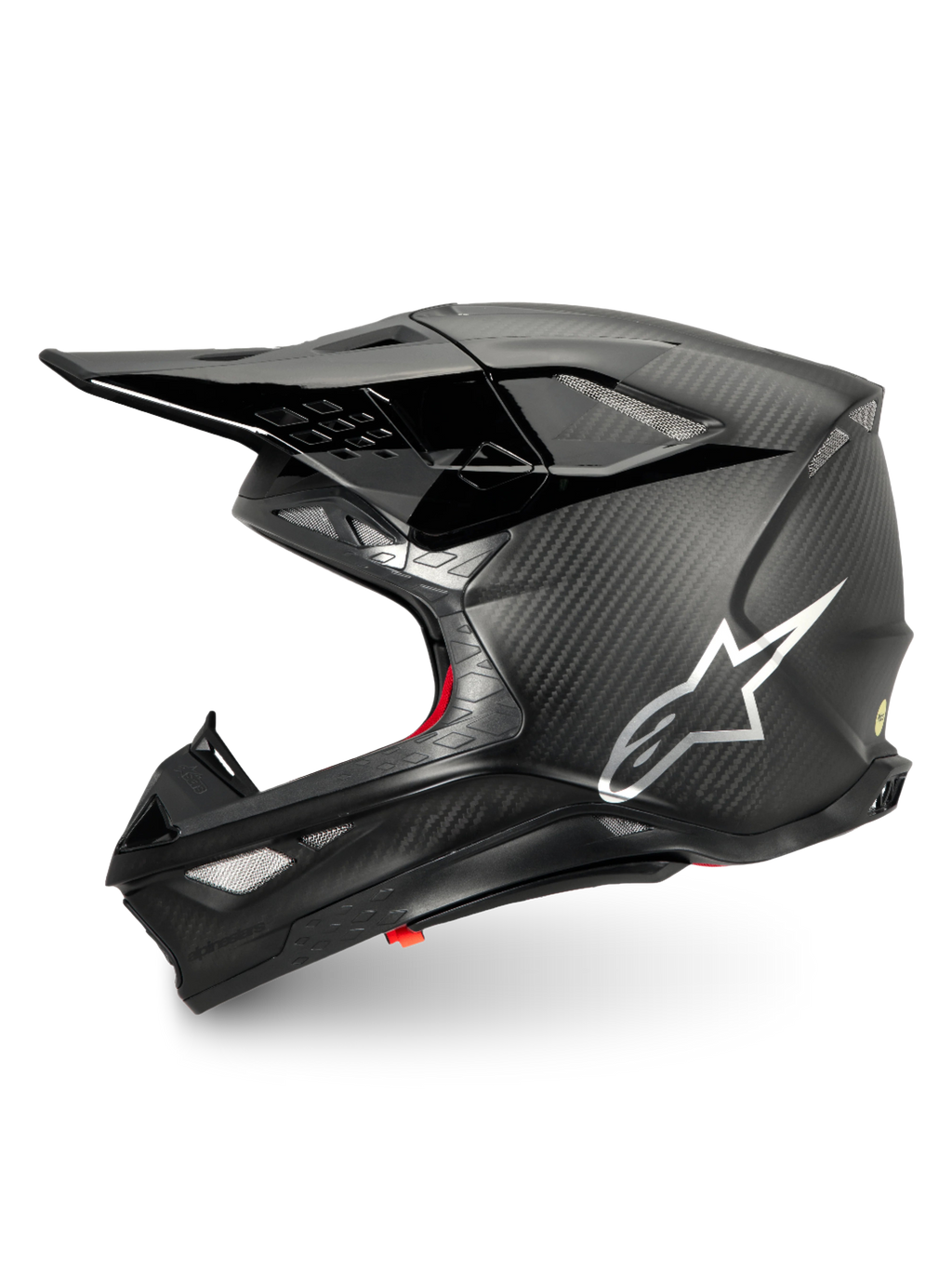 Alpinestars Supertech M10 Fame Motocross-Helm, Schwarz Carbon matt und glänzend, silbernes Logo, ECE 22.06-zertifiziert.