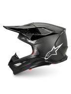 Alpinestars Supertech M10 Fame Motocross-Helm, Schwarz Carbon matt und glänzend, silbernes Logo, ECE 22.06-zertifiziert.