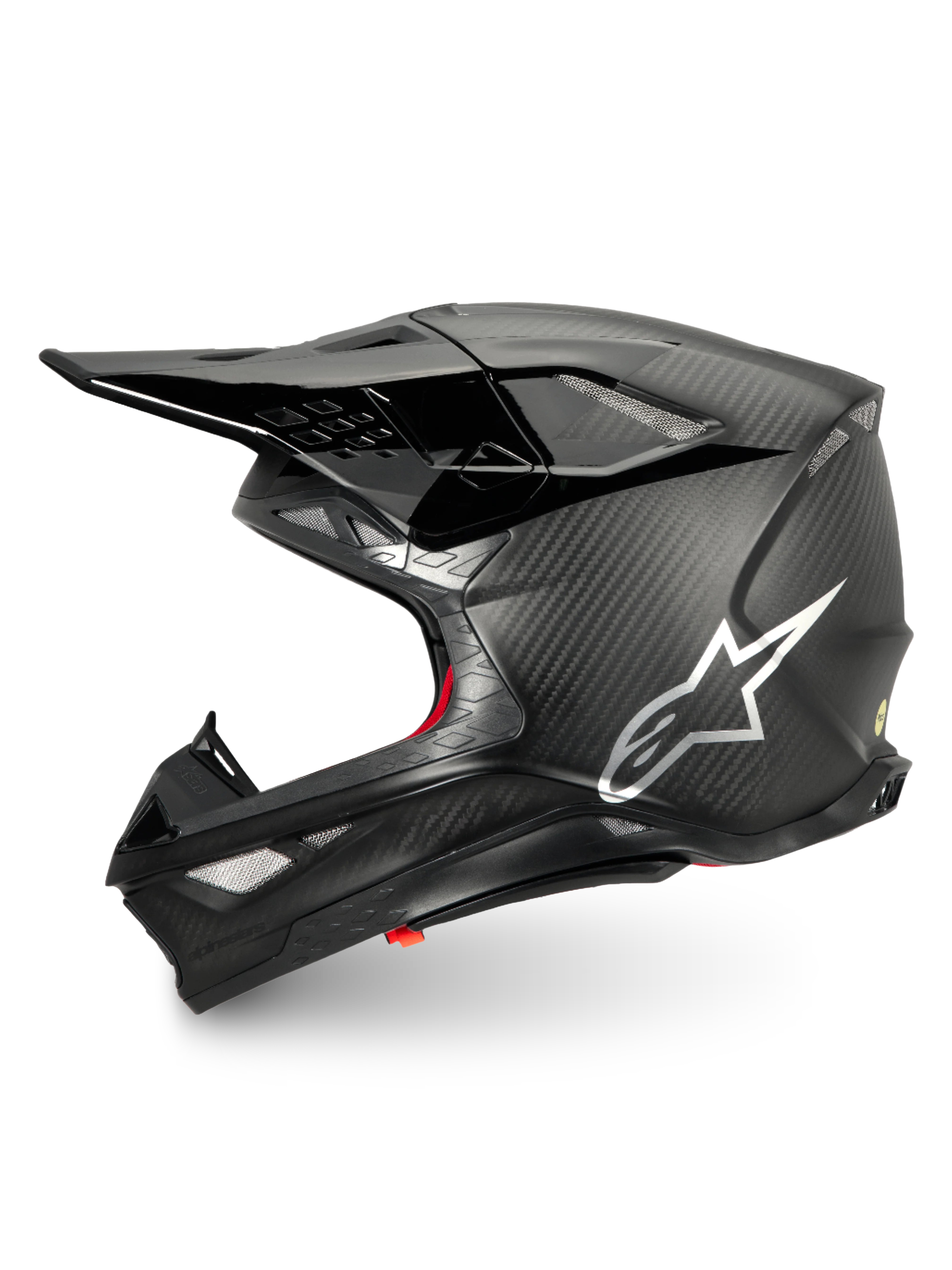 Alpinestars Supertech M10 Fame Motocross-Helm, Schwarz Carbon matt und glänzend, silbernes Logo, ECE 22.06-zertifiziert.