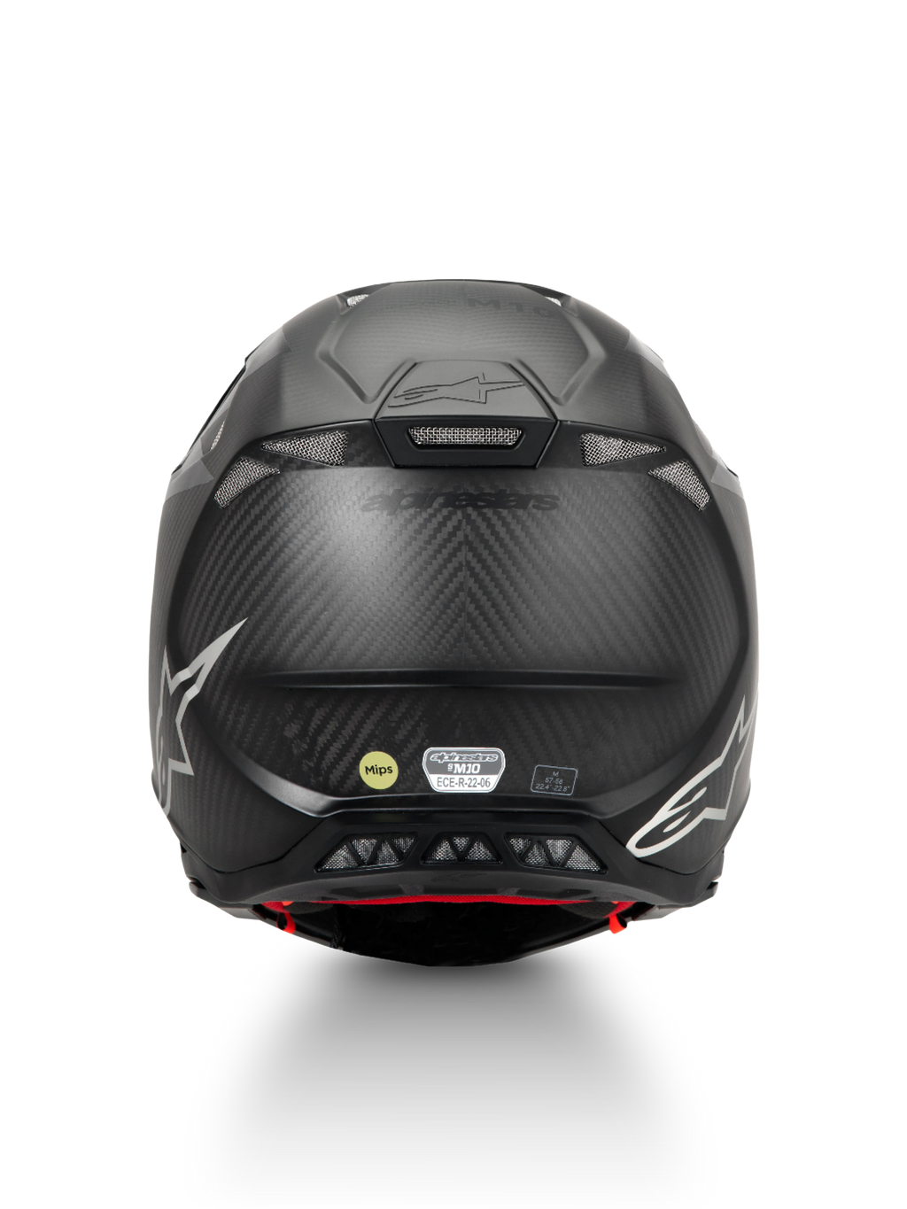 Alpinestars Supertech M10 Fame Helm, Motocross-Helm, Schwarz, Carbon-Konstruktion, MIPS-Schutz, ECE 22.06, Rückansicht.