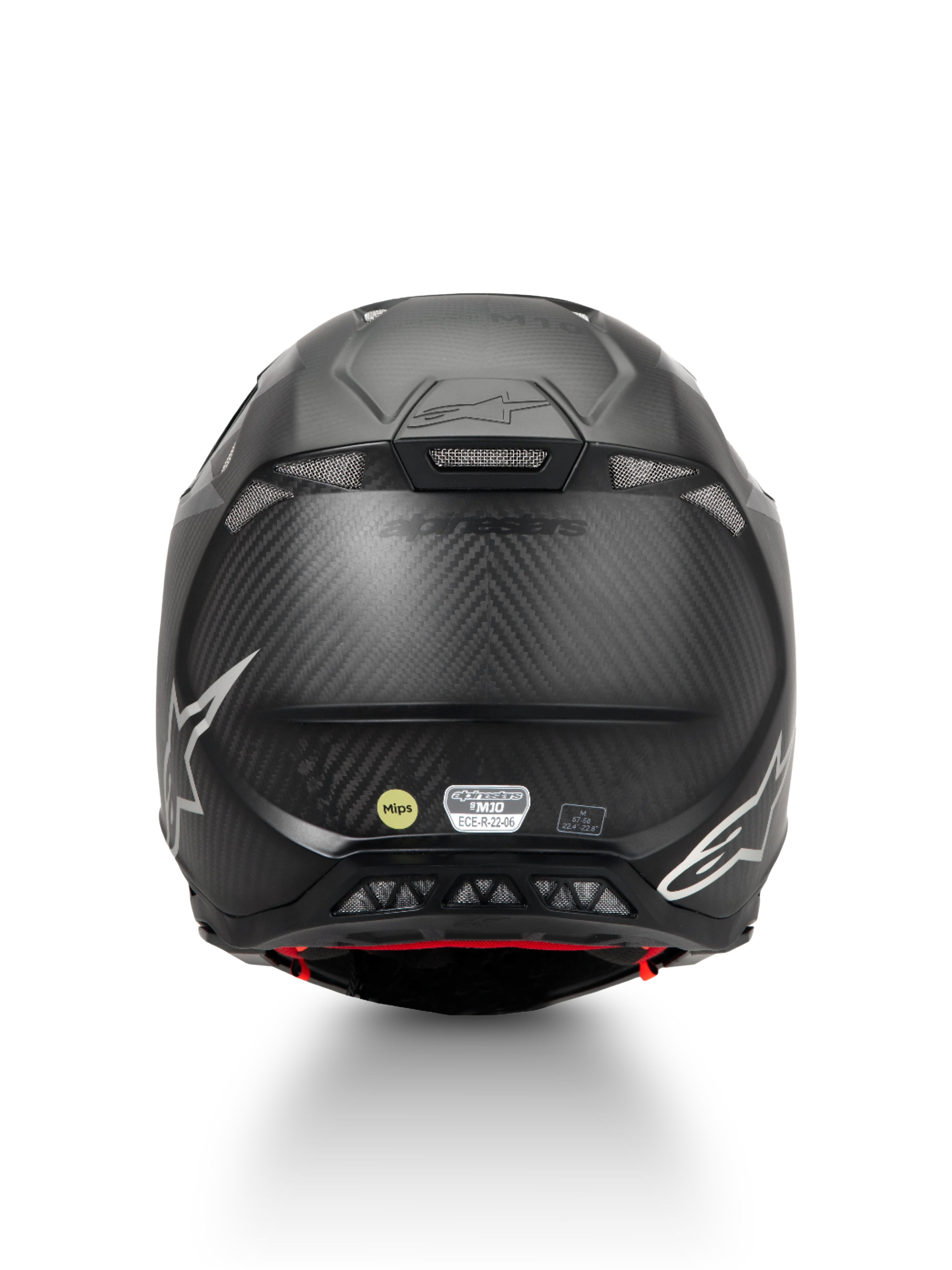 Alpinestars Supertech M10 Fame Helm, Motocross-Helm, Schwarz, Carbon-Konstruktion, MIPS-Schutz, ECE 22.06, Rückansicht.