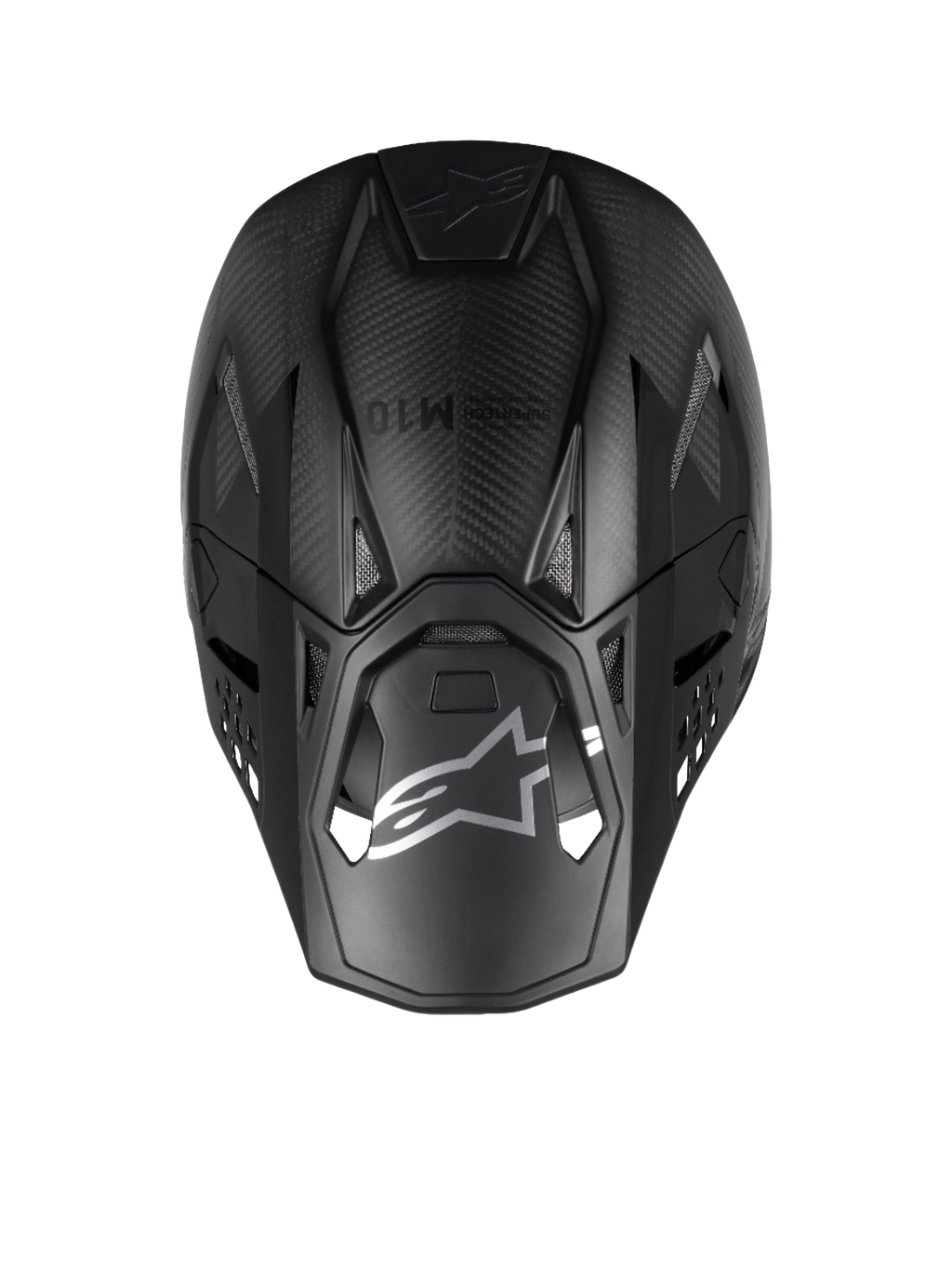 Alpinestars Supertech M10 Fame Motocross-Helm, Draufsicht, Schwarz, matte und glänzende 3K-Carbonfaser-Konstruktion.