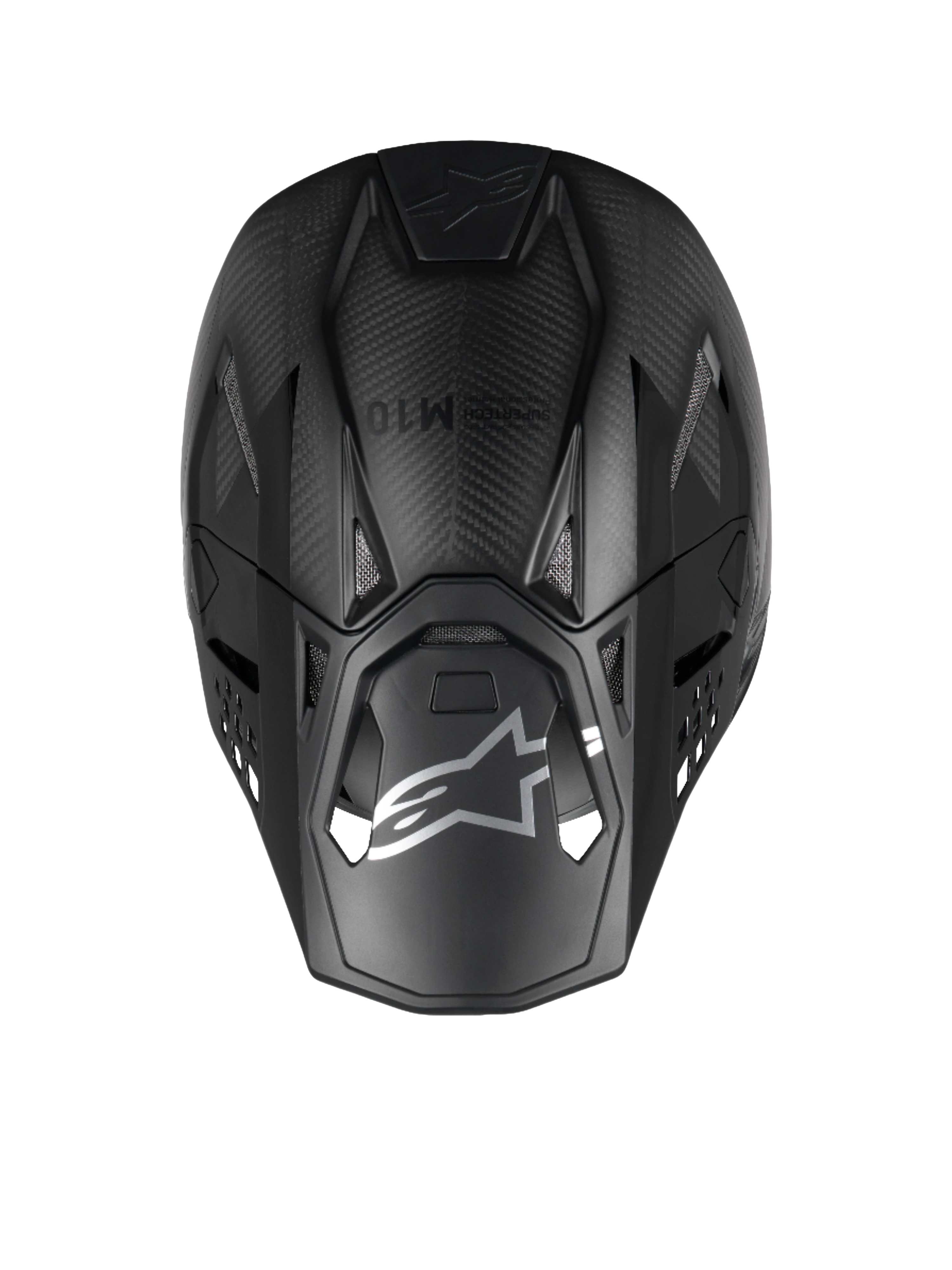 Alpinestars Supertech M10 Fame Motocross-Helm, Draufsicht, Schwarz, matte und glänzende 3K-Carbonfaser-Konstruktion.