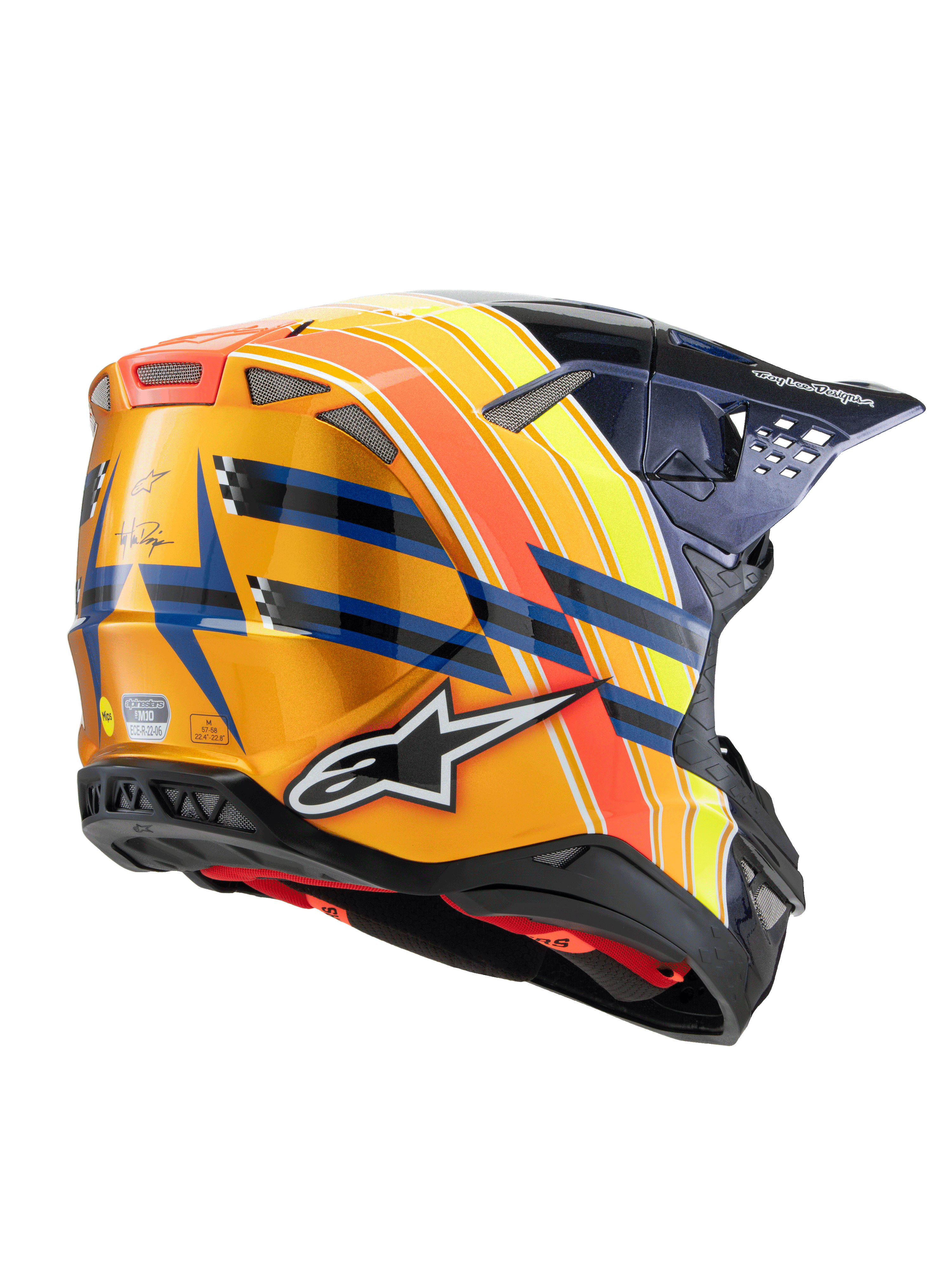 Alpinestars Supertech M10 TLD Edition 25 Helm, Motocross-Helm, Dunkelblau, Orange und Gelb Fluo mit Rot, Dreiviertelansicht von hinten mit glänzendem Finish, markantem Alpinestars-Logo, Troy Lee Designs-Branding und integrierten Belüftungsöffnungen.