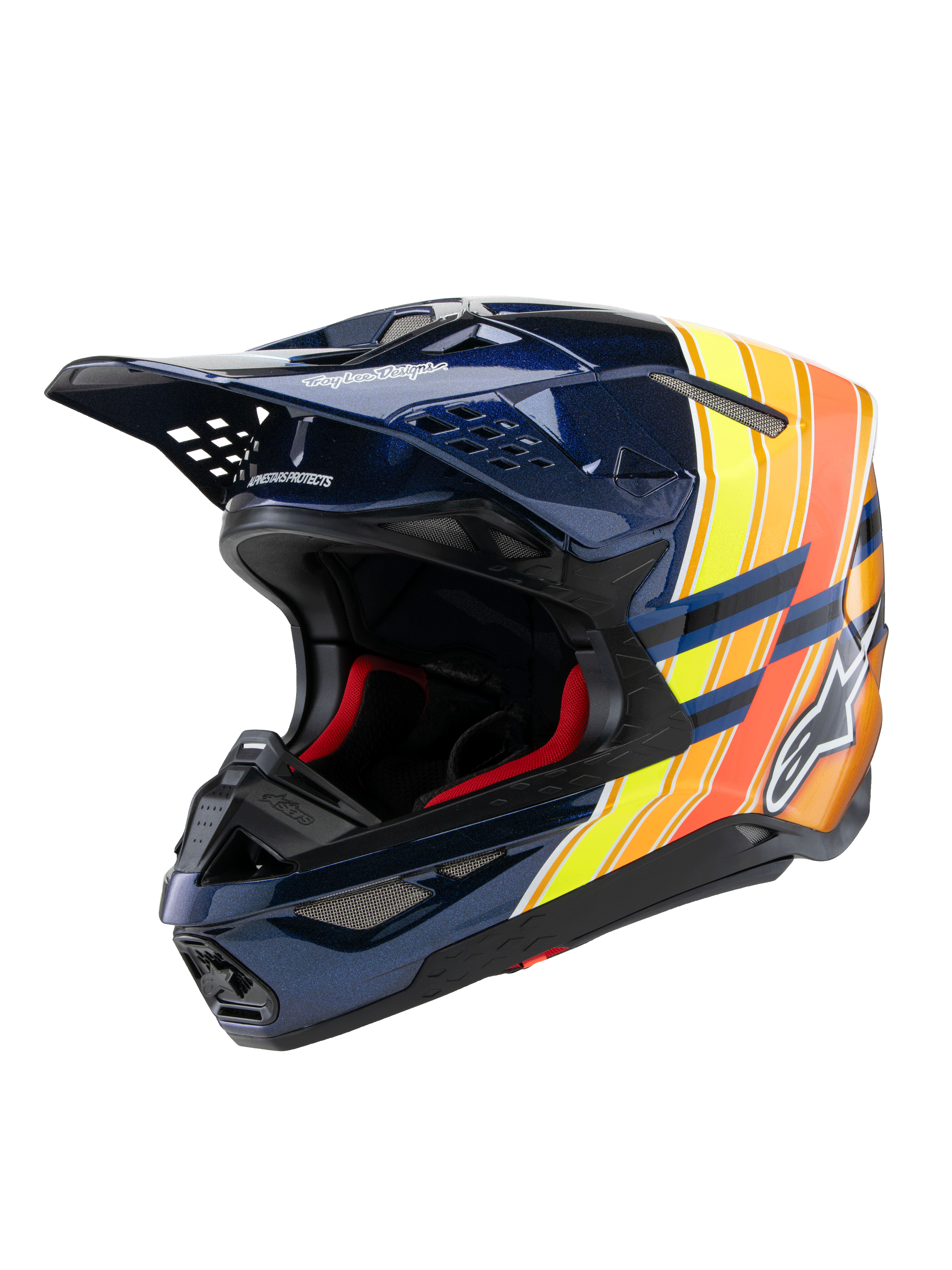 Alpinestars Supertech M10 TLD Edition 25 Helm, Motocross-Helm, Glänzendes Dunkelblau mit orangefarbenen und neongelben Grafiken, rote Innenpolsterung, aerodynamische Schale mit mehreren Belüftungsöffnungen, Troy Lee Designs Branding auf dem Helmschild, professionelle Offroad-Rennausrüstung