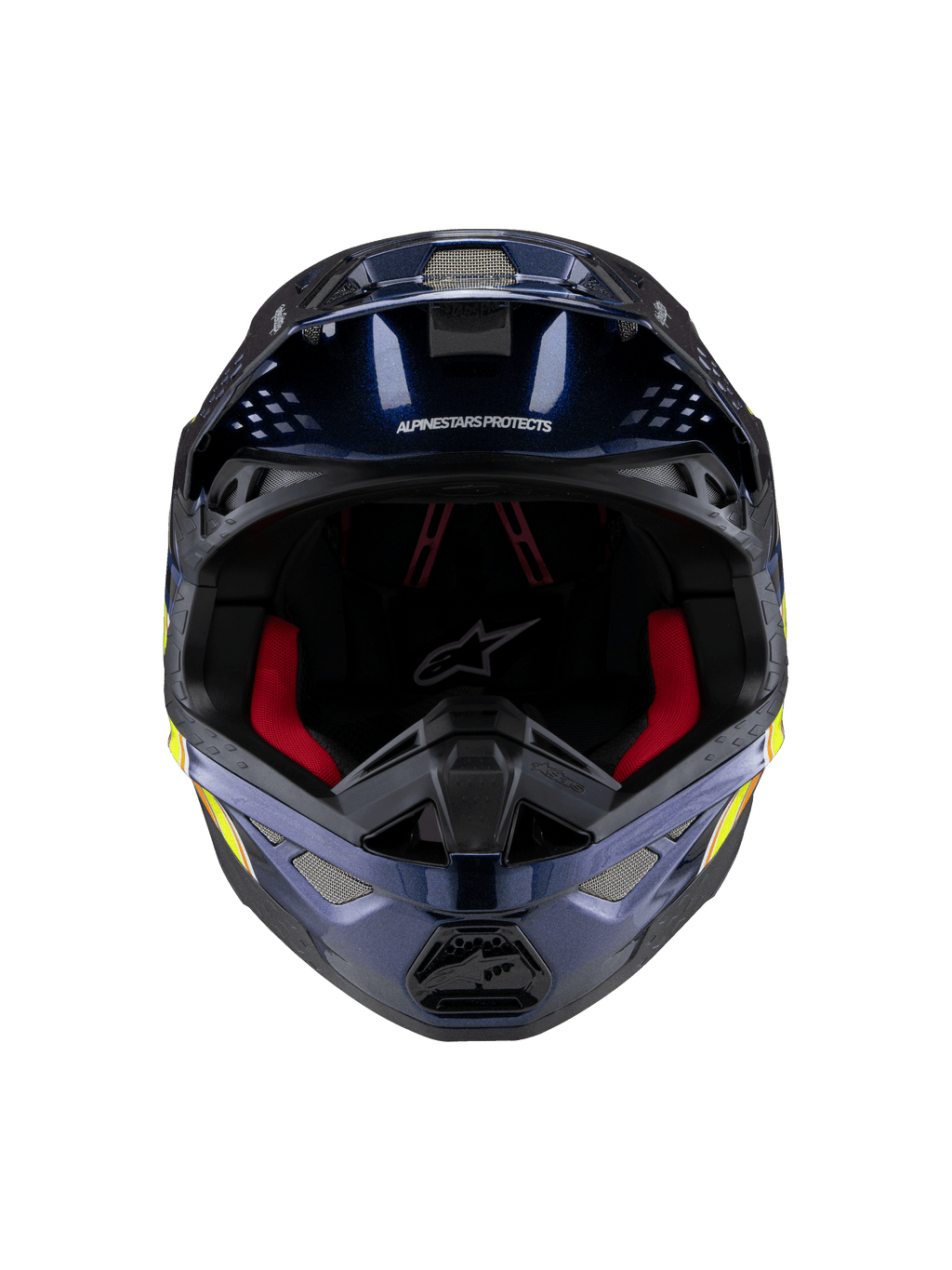 Alpinestars Supertech M10 TLD Edition 25 Helm, Motocross-Helm, Glänzendes Metallic-Dunkelblau mit roter Innenpolsterung, Vorderansicht mit Belüftungsgittern und Seitengrafiken in Gelb und Orange, hochwertiger Offroad-Rennschutz.