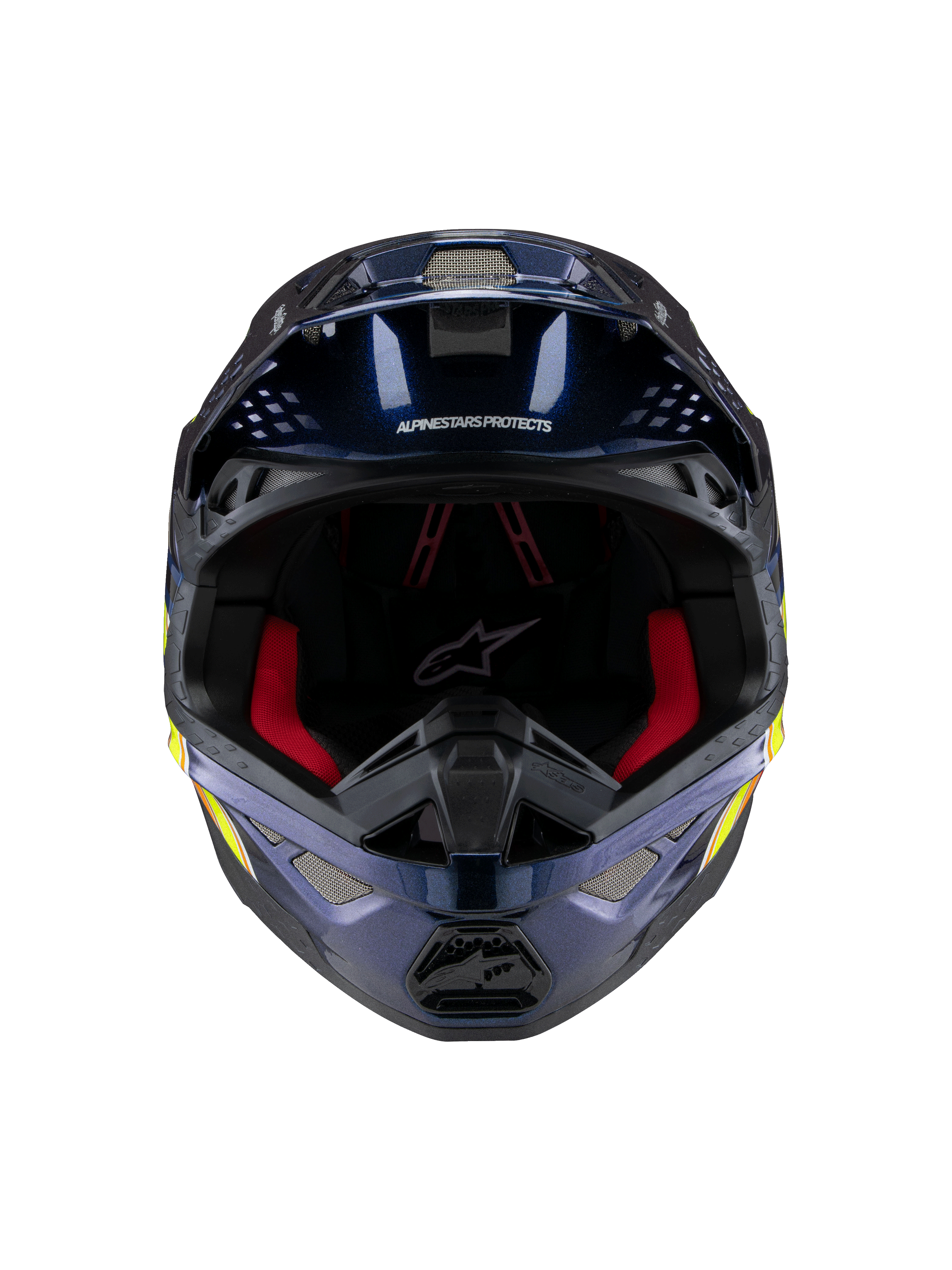 Alpinestars Supertech M10 TLD Edition 25 Helm, Motocross-Helm, Glänzendes Metallic-Dunkelblau mit roter Innenpolsterung, Vorderansicht mit Belüftungsgittern und Seitengrafiken in Gelb und Orange, hochwertiger Offroad-Rennschutz.