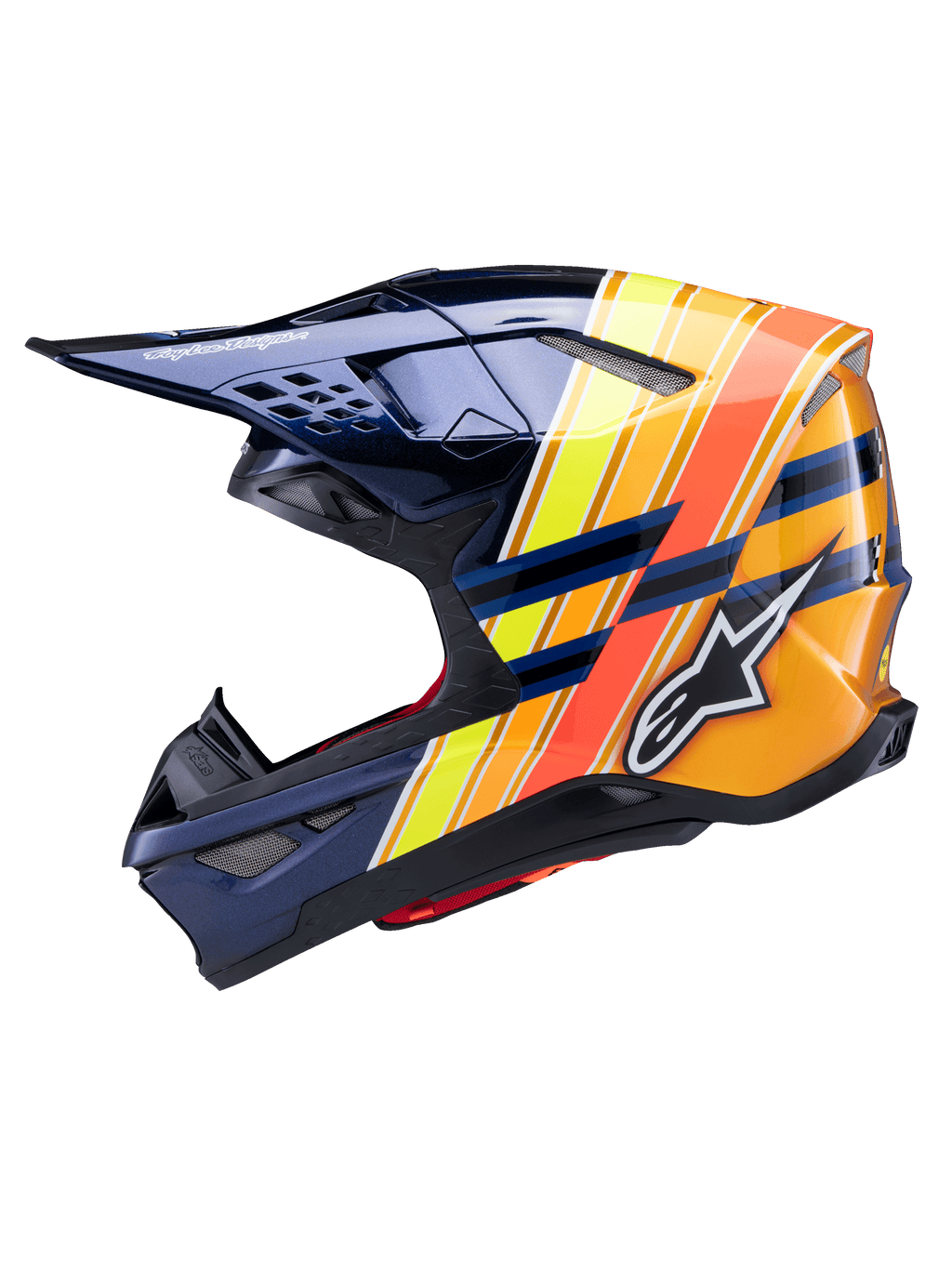 Alpinestars Supertech M10 TLD Edition 25 Helm, Seitenprofil, glänzendes Dunkelblau mit leuchtend orangen, gelben und fluoreszierend roten Grafikstreifen, mit weißem Alpinestars-Logo und Troy Lee Designs Branding, fortschrittlicher Motocross-Helm für Offroad-Performance