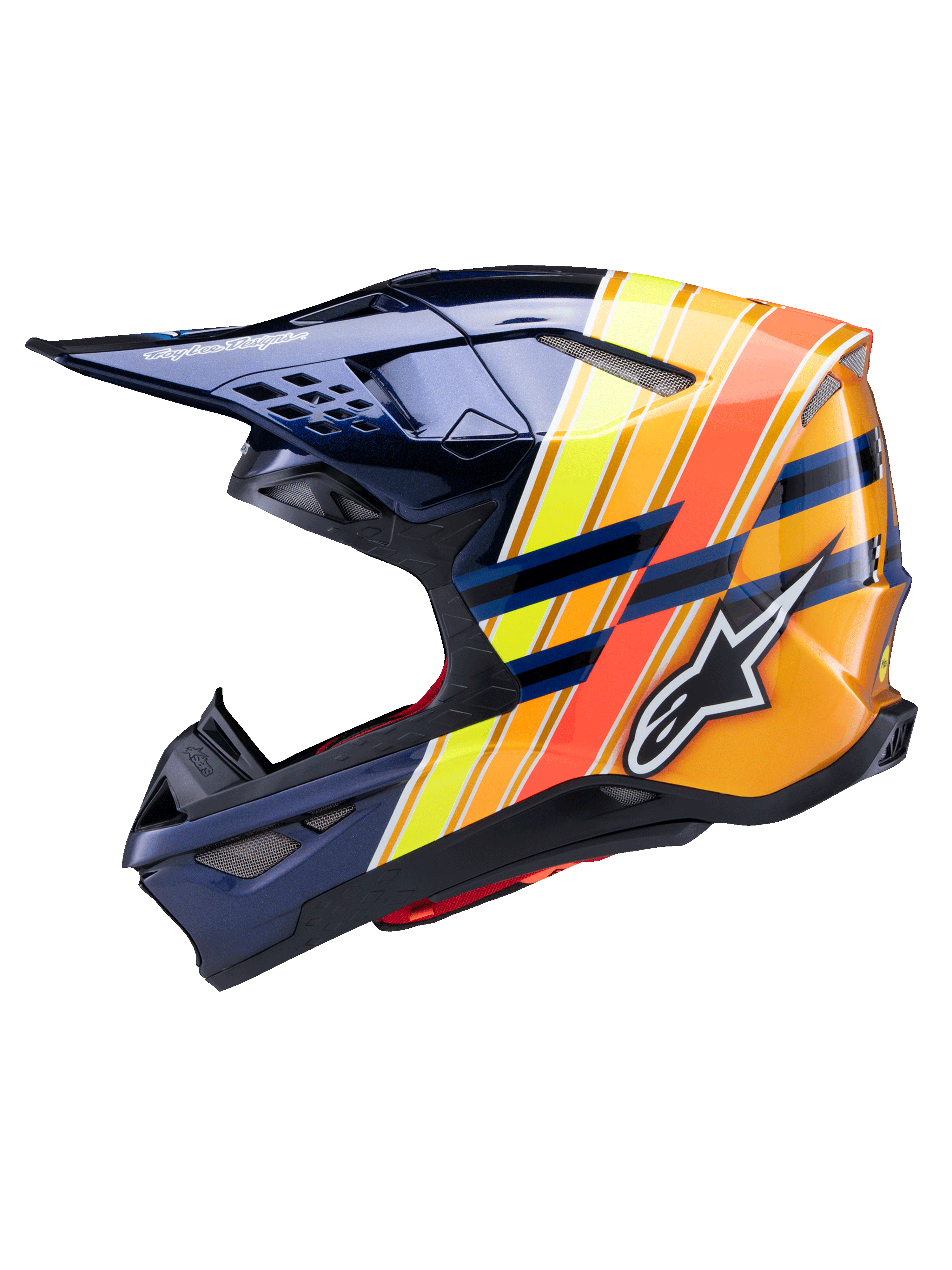 Alpinestars Supertech M10 TLD Edition 25 Helm, Seitenprofil, glänzendes Dunkelblau mit leuchtend orangen, gelben und fluoreszierend roten Grafikstreifen, mit weißem Alpinestars-Logo und Troy Lee Designs Branding, fortschrittlicher Motocross-Helm für Offroad-Performance
