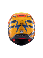 Alpinestars Supertech M10 TLD Edition 25 Helm, Motocross-Helm, Rückansicht, Glänzendes Orange und Blau mit fluoreszierend gelben und roten Akzenten, mit Troy Lee Designs Branding und MIPS-Sicherheitssystem, aerodynamisches Design mit Belüftungsöffnungen