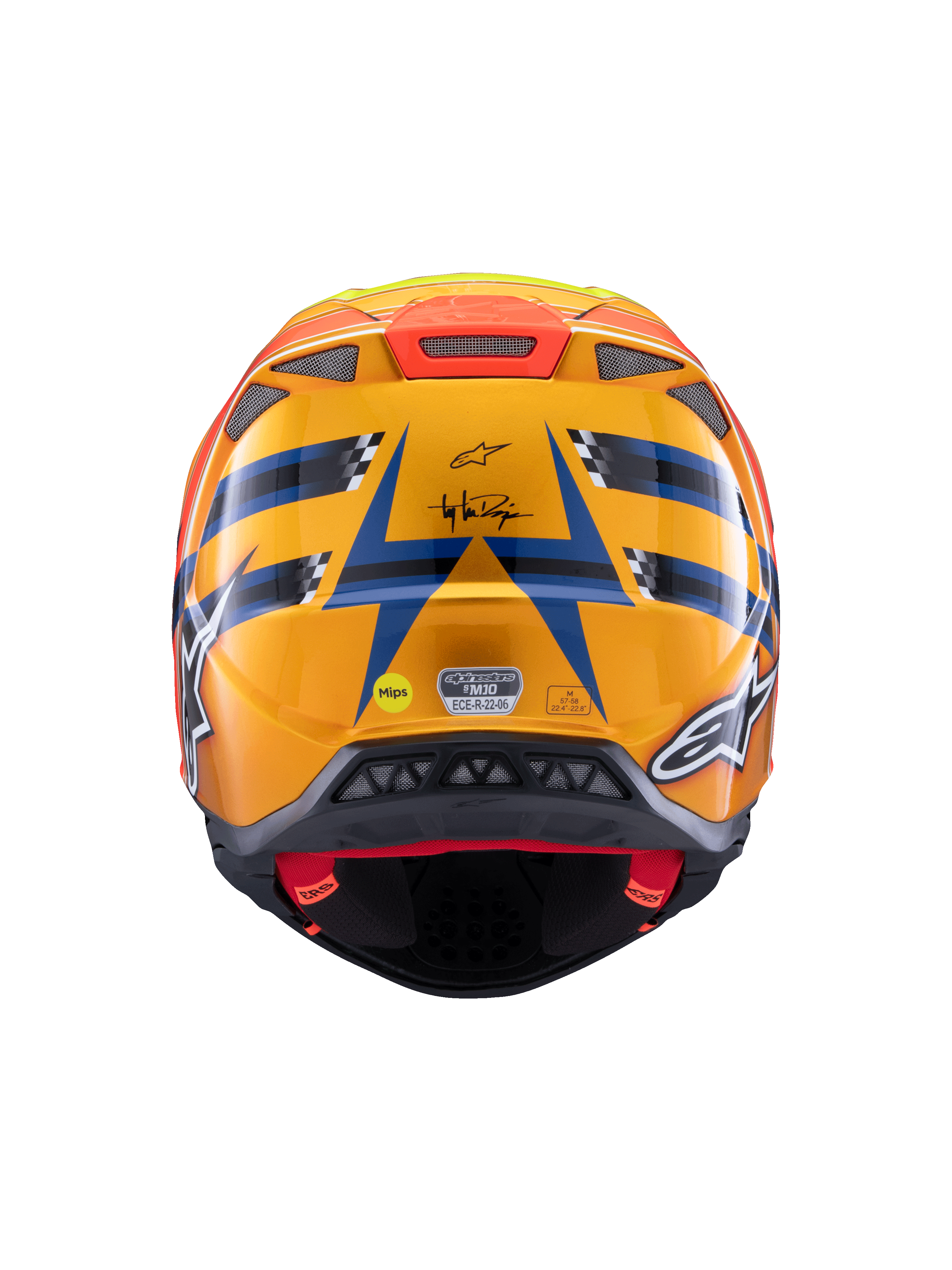 Alpinestars Supertech M10 TLD Edition 25 Helm, Motocross-Helm, Rückansicht, Glänzendes Orange und Blau mit fluoreszierend gelben und roten Akzenten, mit Troy Lee Designs Branding und MIPS-Sicherheitssystem, aerodynamisches Design mit Belüftungsöffnungen