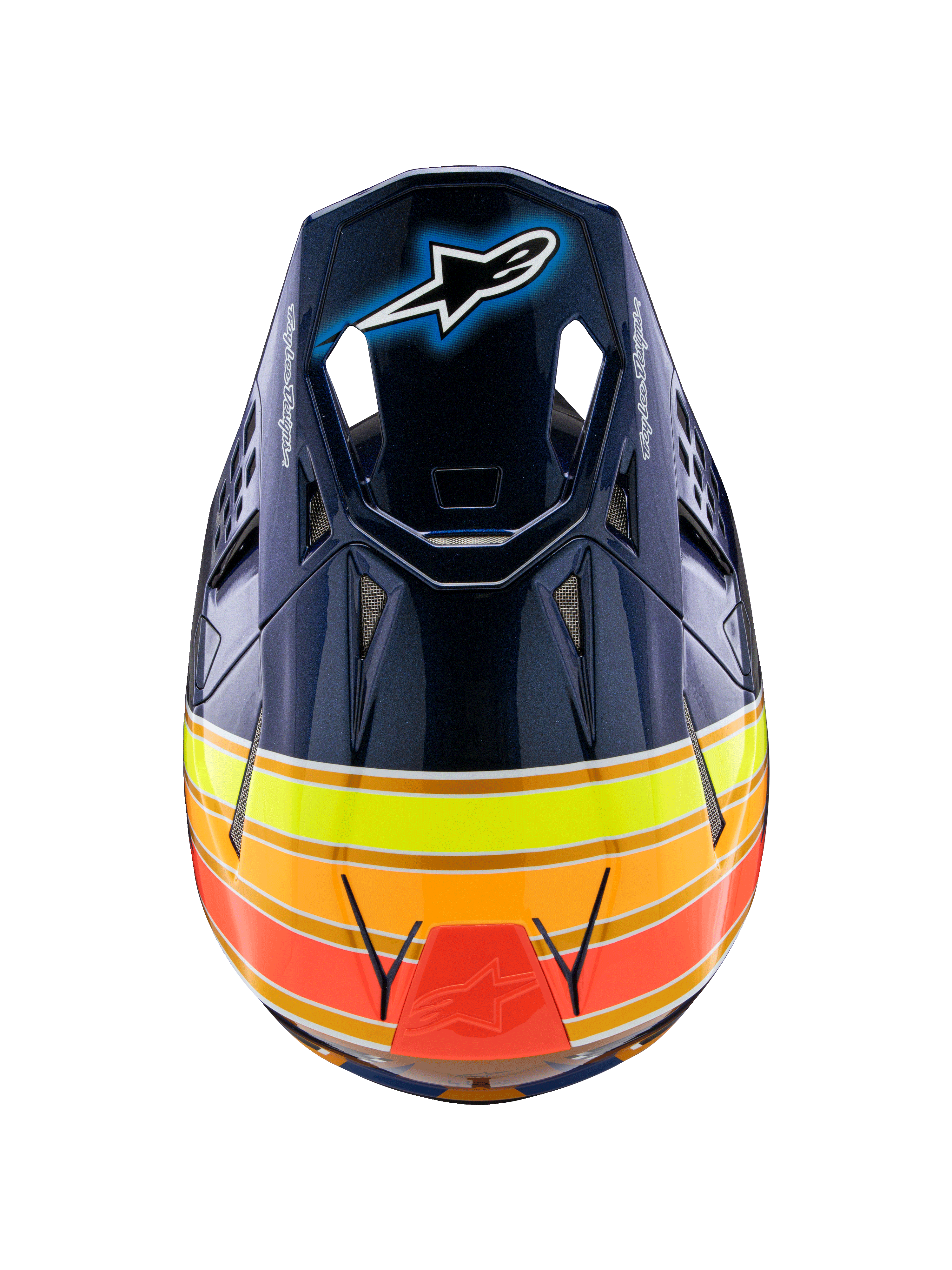 Alpinestars Supertech M10 TLD Edition 25 Helm, Motocross-Helm, Glänzendes Dunkelblau mit orangefarbenen, neongelben und roten Streifen, Draufsicht zeigt das Visier mit Astar-Logo und Netz-Belüftungsöffnungen, professionelle Offroad-Rennausrüstung