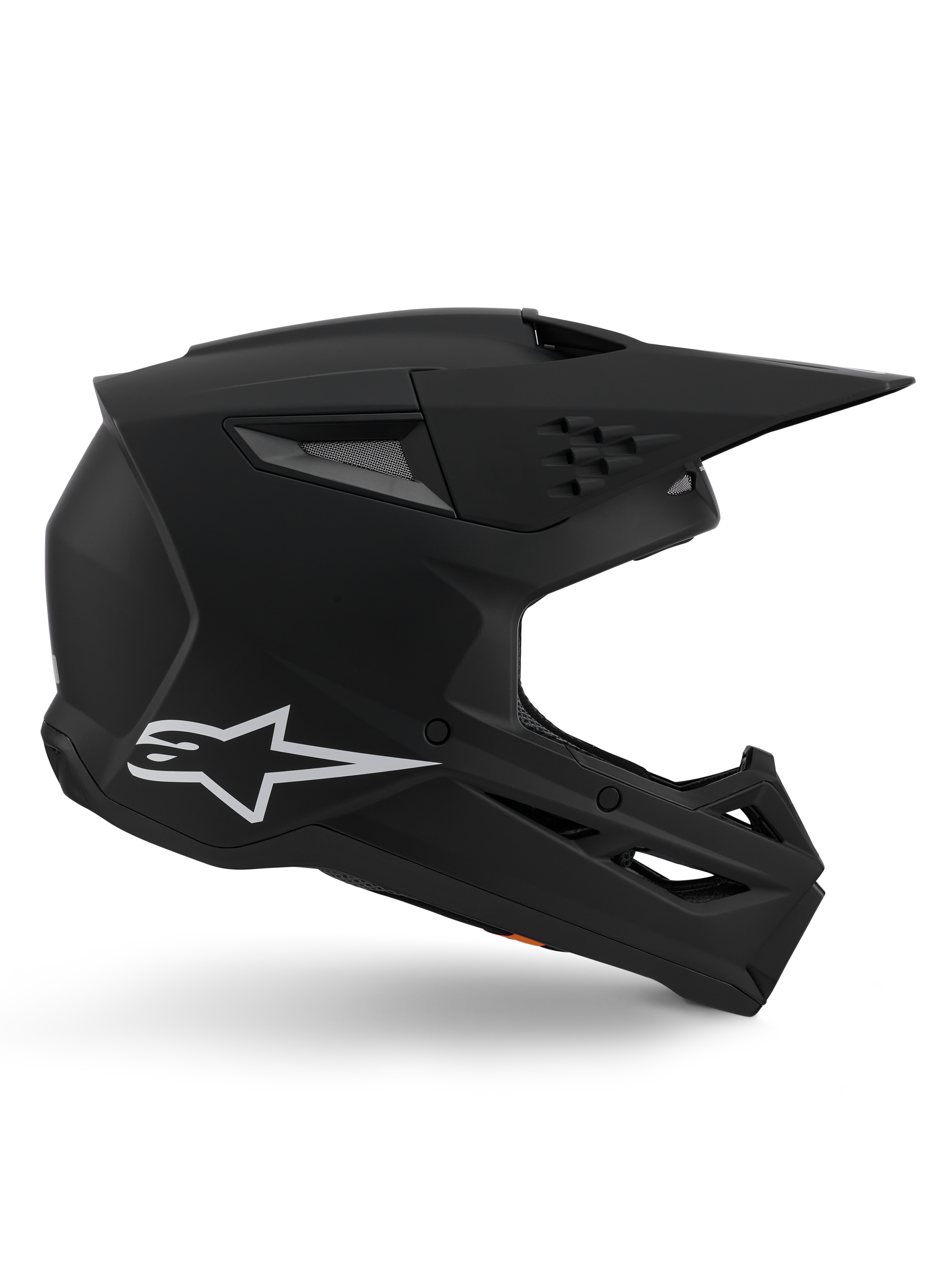 Alpinestars S-M3 Solid Helmet, Motocross Helmet, Matte Black finish, side profile featuring a white Alpinestars logo, aerodynamic shell with multiple ventilation ports and large visor, professional-grade off-road protective headgear