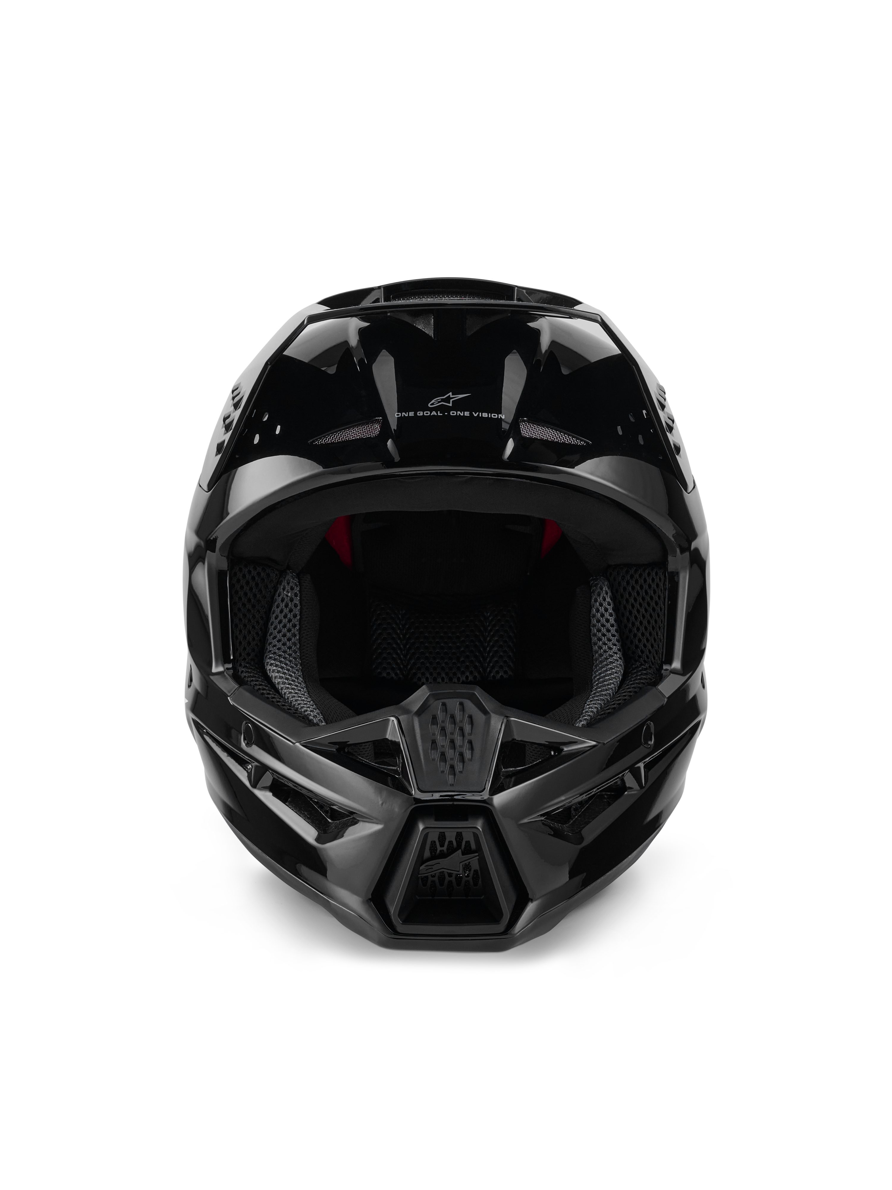 Alpinestars S-M3 Solid Helm ECE 22.06, Motocross-Helm, Schwarz Glänzend, Vorderansicht mit Belüftungsöffnungen, aerodynamische Schale mit glänzendem Finish, Alpinestars-Logo und „One Goal. One Vision.“ Schriftzug