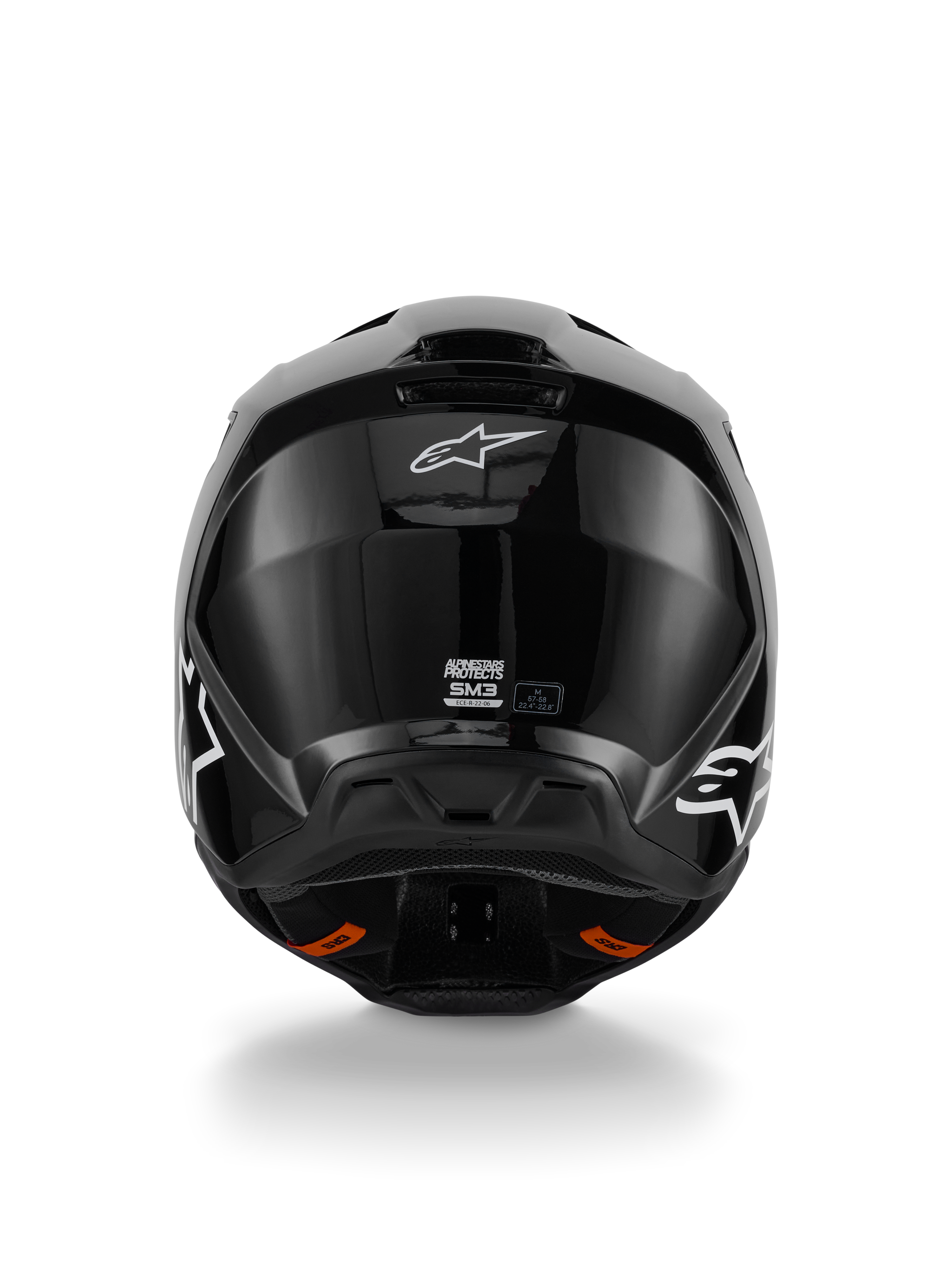 Alpinestars S-M3 Solid Helm, Motocross-Helm, Schwarz glänzend, Rückansicht mit weißem Alpinestars-Logo, ECE 22.06-Zertifizierung, aerodynamische Schale mit Auslassöffnungen