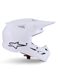 Alpinestars S-M3 Solid Helm, Motocross-Helm, Glänzend Weiß, Seitenansicht mit schwarzem Stern-Logo, kantige aerodynamische Schale, mehrere Belüftungsöffnungen, integriertes Visier und Kinnschutz, Offroad-Rennschutz