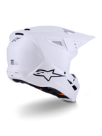 Alpinestars S-M3 Solid Helm, Motocross-Helm, Weiß Glänzend, Dreiviertel-Rückansicht mit schwarzem Alpinestars-Logo, Belüftungsöffnungen und aerodynamischem Schalendesign für den Offroad-Rennsport