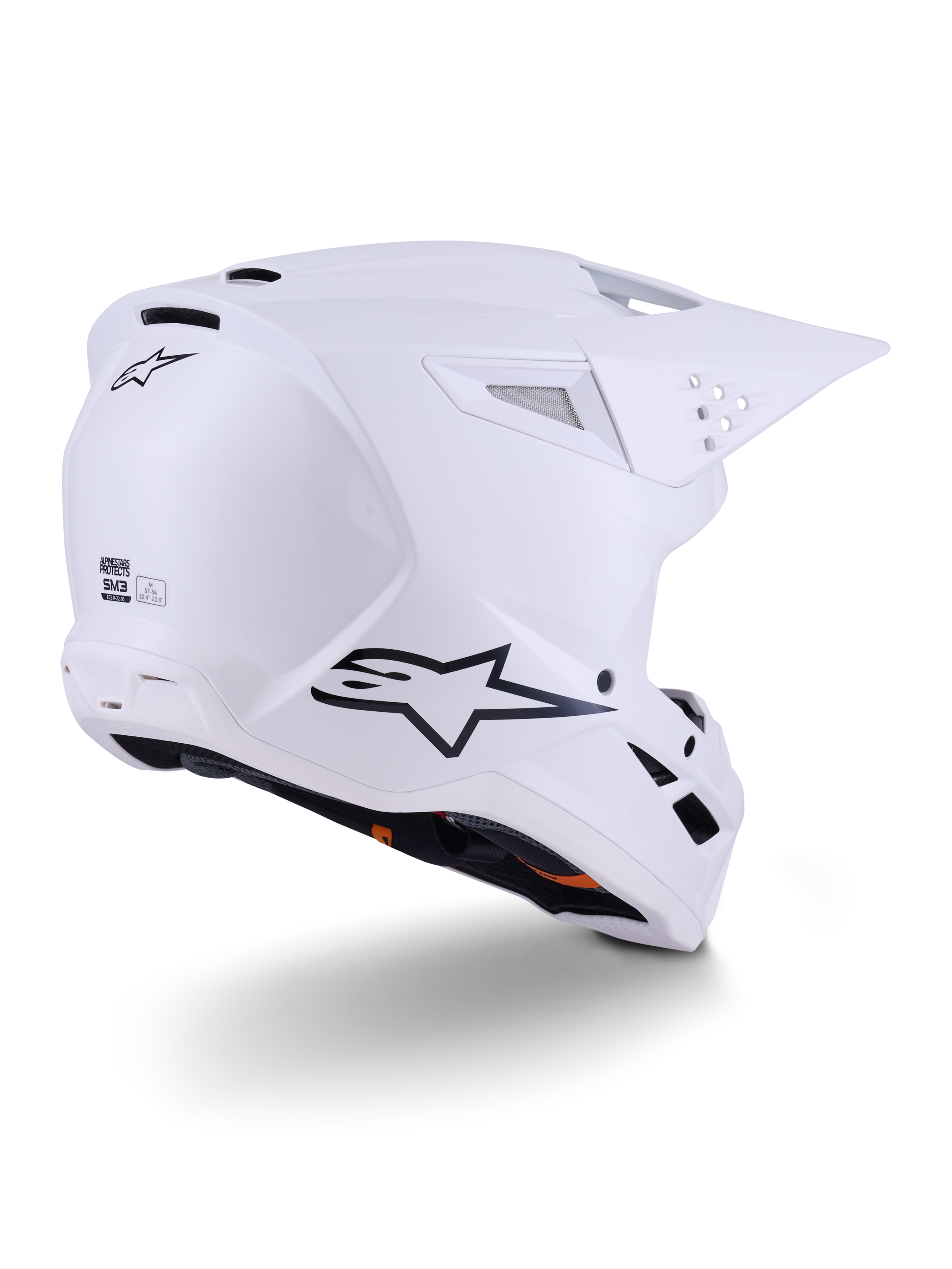 Alpinestars S-M3 Solid Helm, Motocross-Helm, Weiß Glänzend, Dreiviertel-Rückansicht mit schwarzem Alpinestars-Logo, Belüftungsöffnungen und aerodynamischem Schalendesign für den Offroad-Rennsport