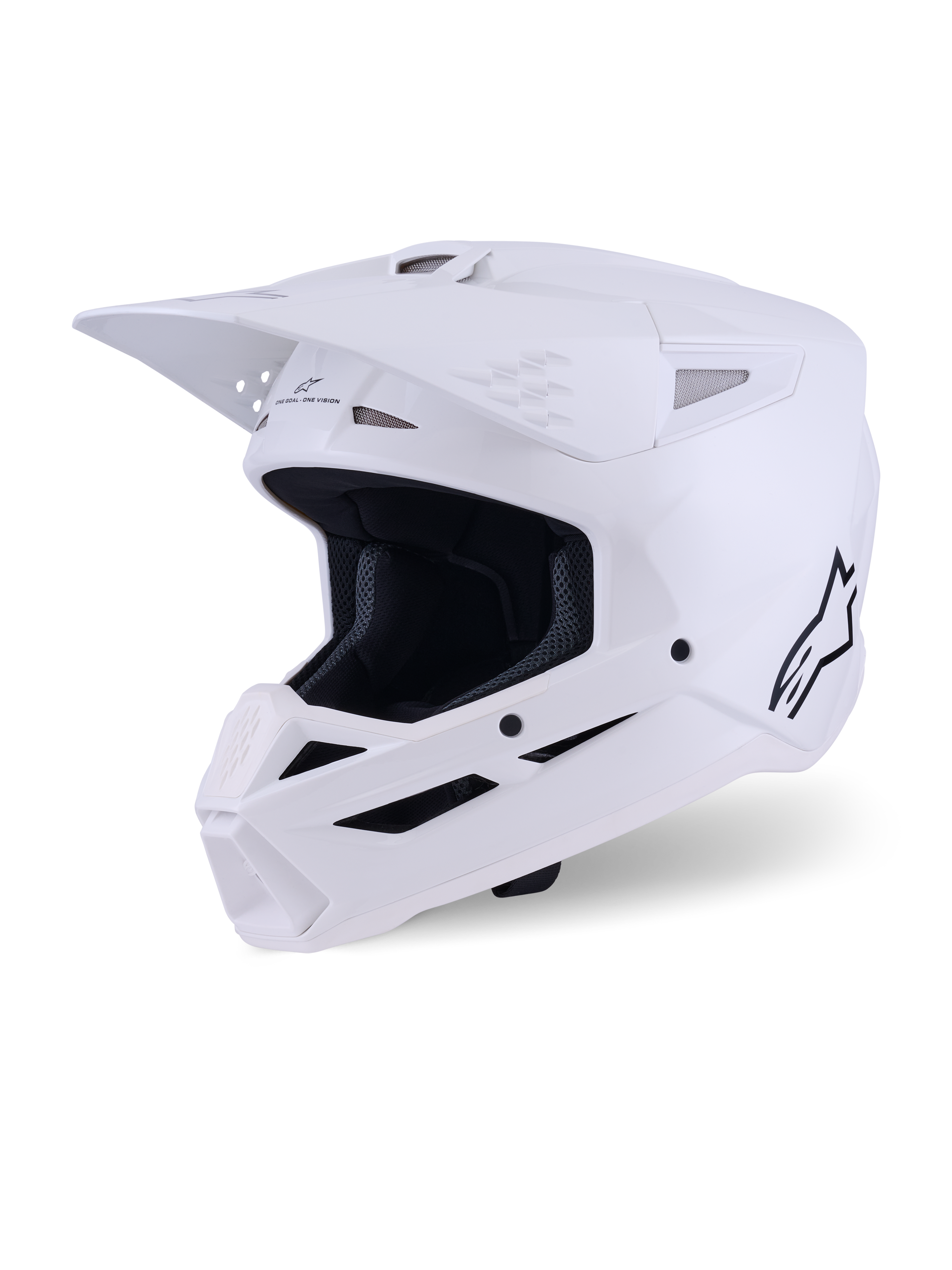 Alpinestars S-M3 Solid Helm, Motocross-Helm, Weiß Glänzend, Full-Face-Offroad-Kopfschutz mit markantem Visier, mehreren Belüftungsöffnungen und schwarzem Alpinestars-Logo auf dem Seitenprofil