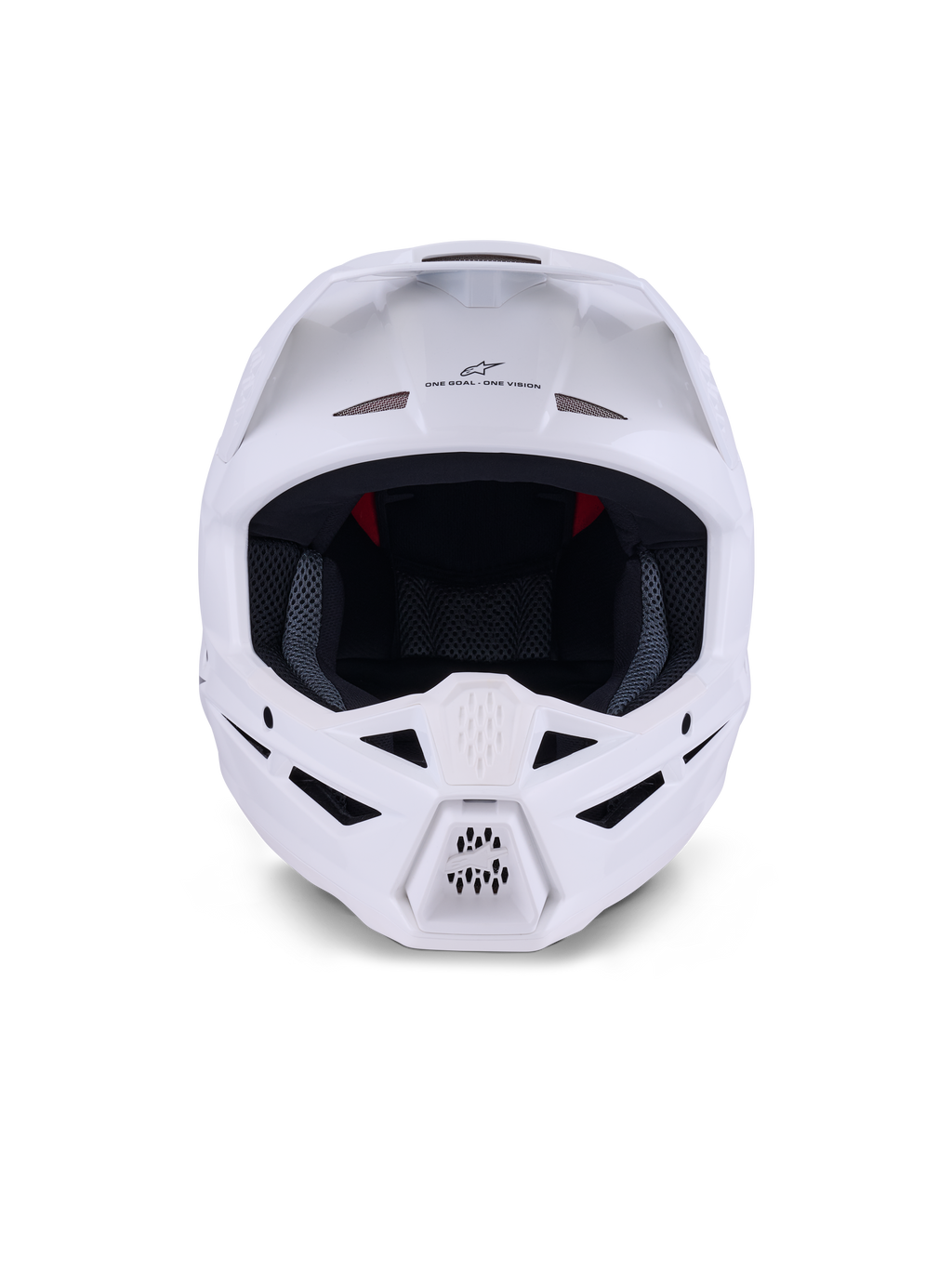 Alpinestars S-M3 Solid Helm ECE 22.06, Motocross-Helm, Weiß Glänzend, Frontansicht mit mehreren Belüftungseinlässen an Kinn und Stirn, schlanke aerodynamische Schale mit Visier, „ONE GOAL - ONE VISION“-Branding und Mesh-Innenfutter für Offroad-Rennschutz.