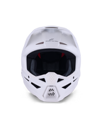 Alpinestars S-M3 Solid Helm ECE 22.06, Motocross-Helm, Weiß Glänzend, Frontansicht mit mehreren Belüftungseinlässen an Kinn und Stirn, schlanke aerodynamische Schale mit Visier, „ONE GOAL - ONE VISION“-Branding und Mesh-Innenfutter für Offroad-Rennschutz.