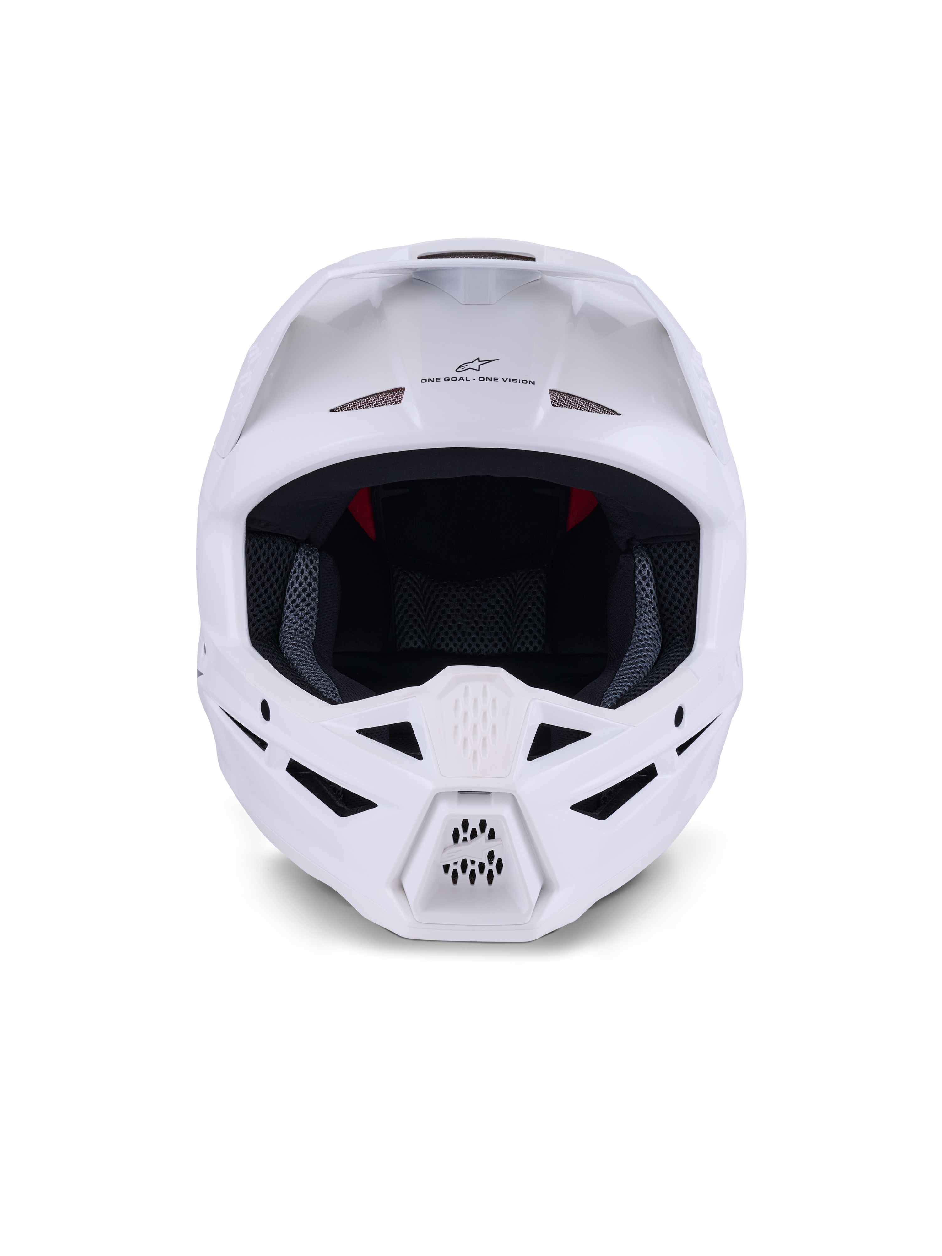 Alpinestars S-M3 Solid Helm ECE 22.06, Motocross-Helm, Weiß Glänzend, Frontansicht mit mehreren Belüftungseinlässen an Kinn und Stirn, schlanke aerodynamische Schale mit Visier, „ONE GOAL - ONE VISION“-Branding und Mesh-Innenfutter für Offroad-Rennschutz.