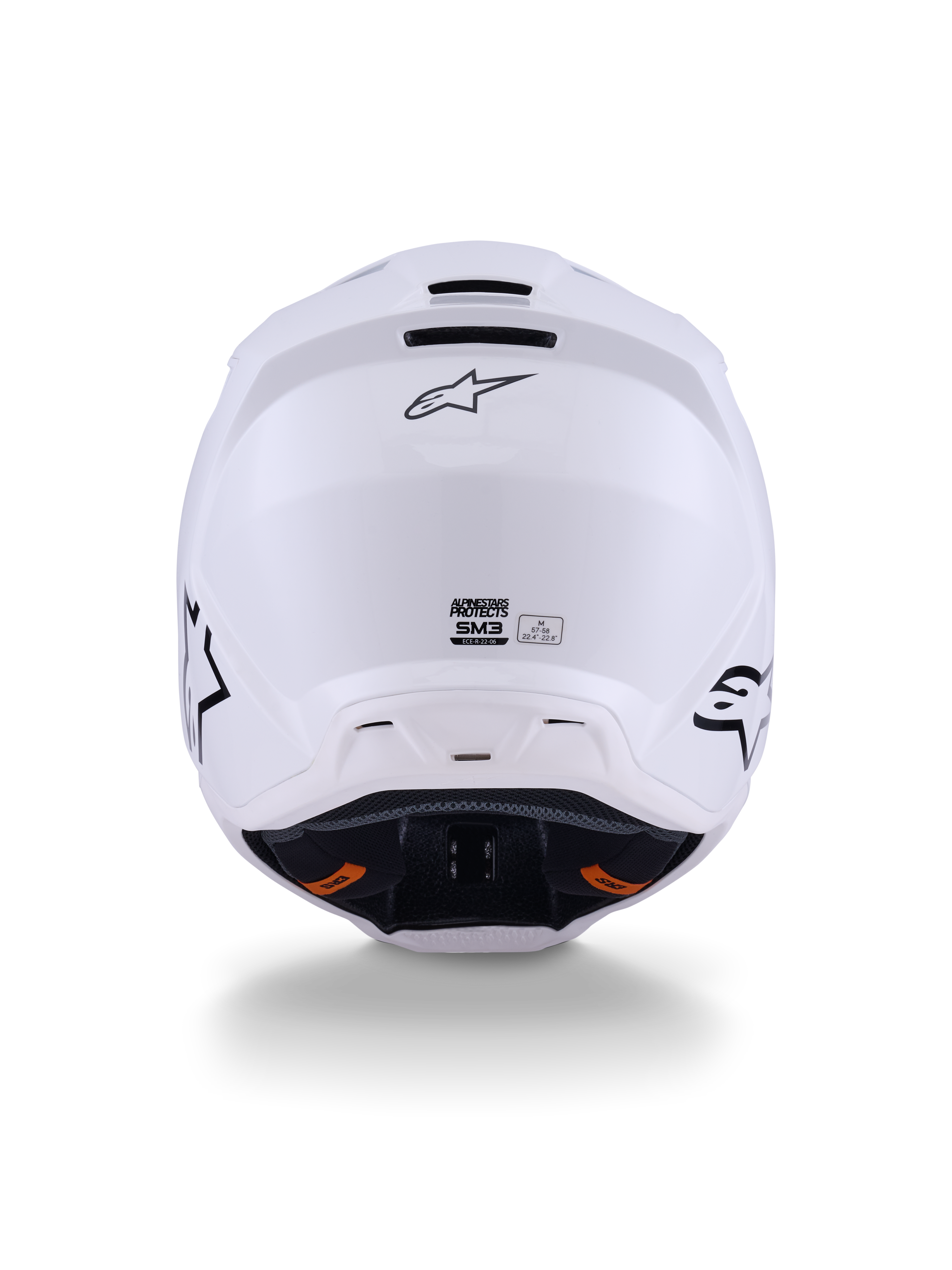 Alpinestars S-M3 Solid Helm ECE 22.06, Motocross-Helm, Weiß Glänzend, Rückansicht mit Abluftöffnungen, Alpinestars-Logo und Sicherheitszertifizierung, konzipiert für Offroad-Performance