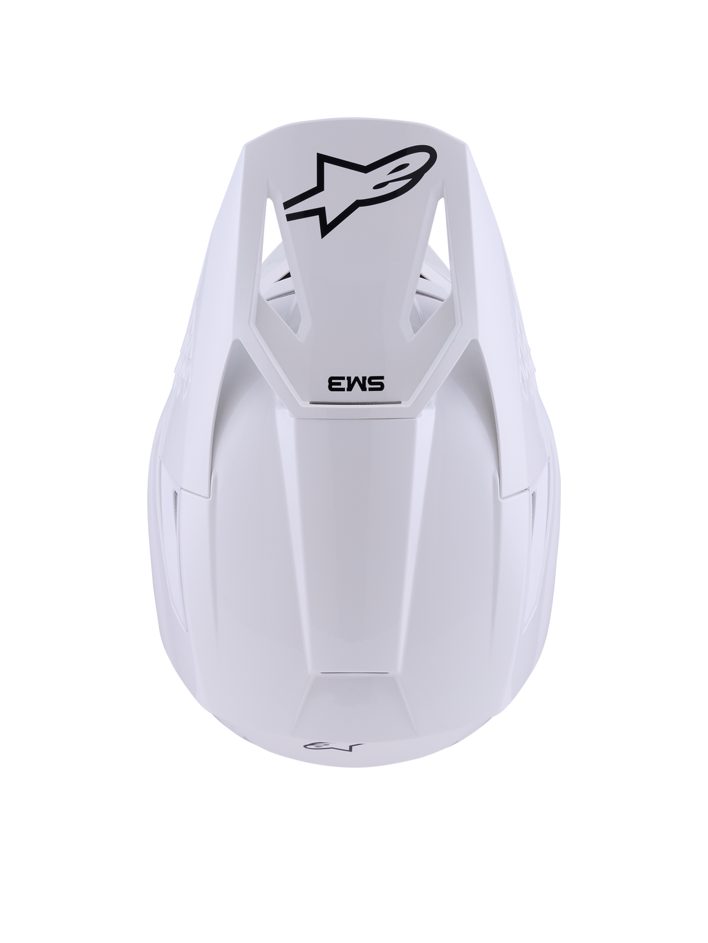 Alpinestars S-M3 Solid Helm, Weiß Glänzend, Motocross-Helm, Draufsicht mit schwarzem Alpinestars Stern-Logo und SM3-Branding auf dem Visier, schlanke thermoinjizierte Schale mit glänzendem Finish, ECE 22.06-zertifizierter Offroad-Schutz