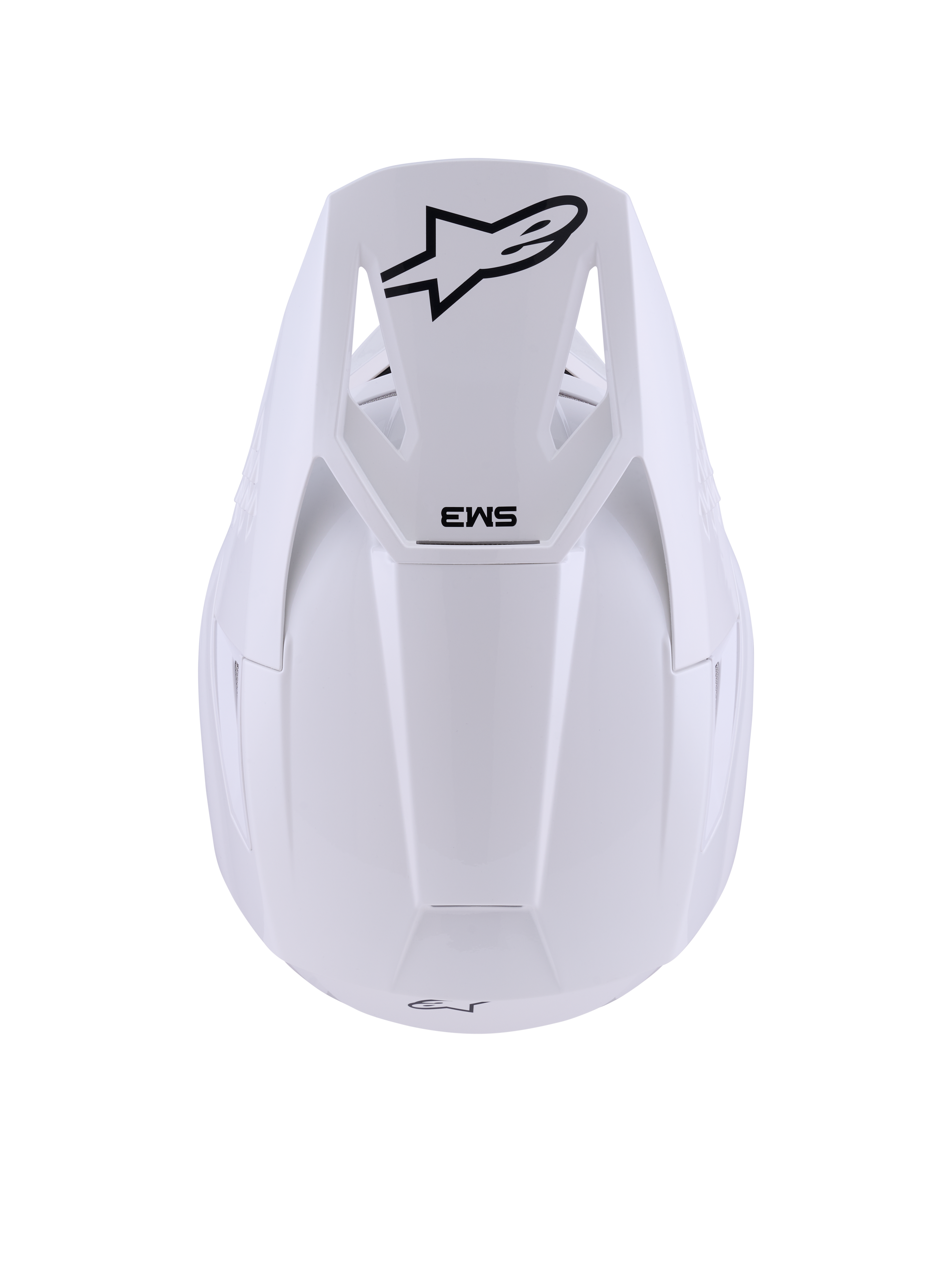 Alpinestars S-M3 Solid Helm, Weiß Glänzend, Motocross-Helm, Draufsicht mit schwarzem Alpinestars Stern-Logo und SM3-Branding auf dem Visier, schlanke thermoinjizierte Schale mit glänzendem Finish, ECE 22.06-zertifizierter Offroad-Schutz