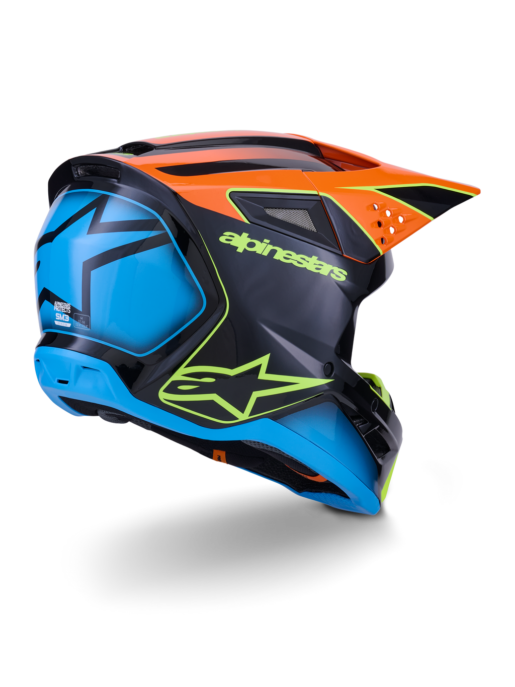Alpinestars S-M3 Fray Helm ECE 22.06, Motocross-Helm, Schwarz mit orangen und blauen Paneelen, neongelbes Alpinestars-Logo, große blaue Rückseite mit Stern-Grafik, oranges Visier mit integrierten Belüftungsöffnungen, professionelle Offroad-Schutzausrüstung
