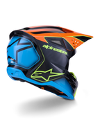 Alpinestars S-M3 Fray Helm ECE 22.06, Motocross-Helm, Schwarz mit orangen und blauen Paneelen, neongelbes Alpinestars-Logo, große blaue Rückseite mit Stern-Grafik, oranges Visier mit integrierten Belüftungsöffnungen, professionelle Offroad-Schutzausrüstung