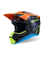 Alpinestars S-M3 Fray Helm, Motocross-Helm, Schwarz mit orangefarbenen, neongelben und blauen Akzenten, Dreiviertelansicht mit aerodynamischer, thermogespritzt'er Schale und sch'tzendem Visier f'r den Offroad-Rennsport