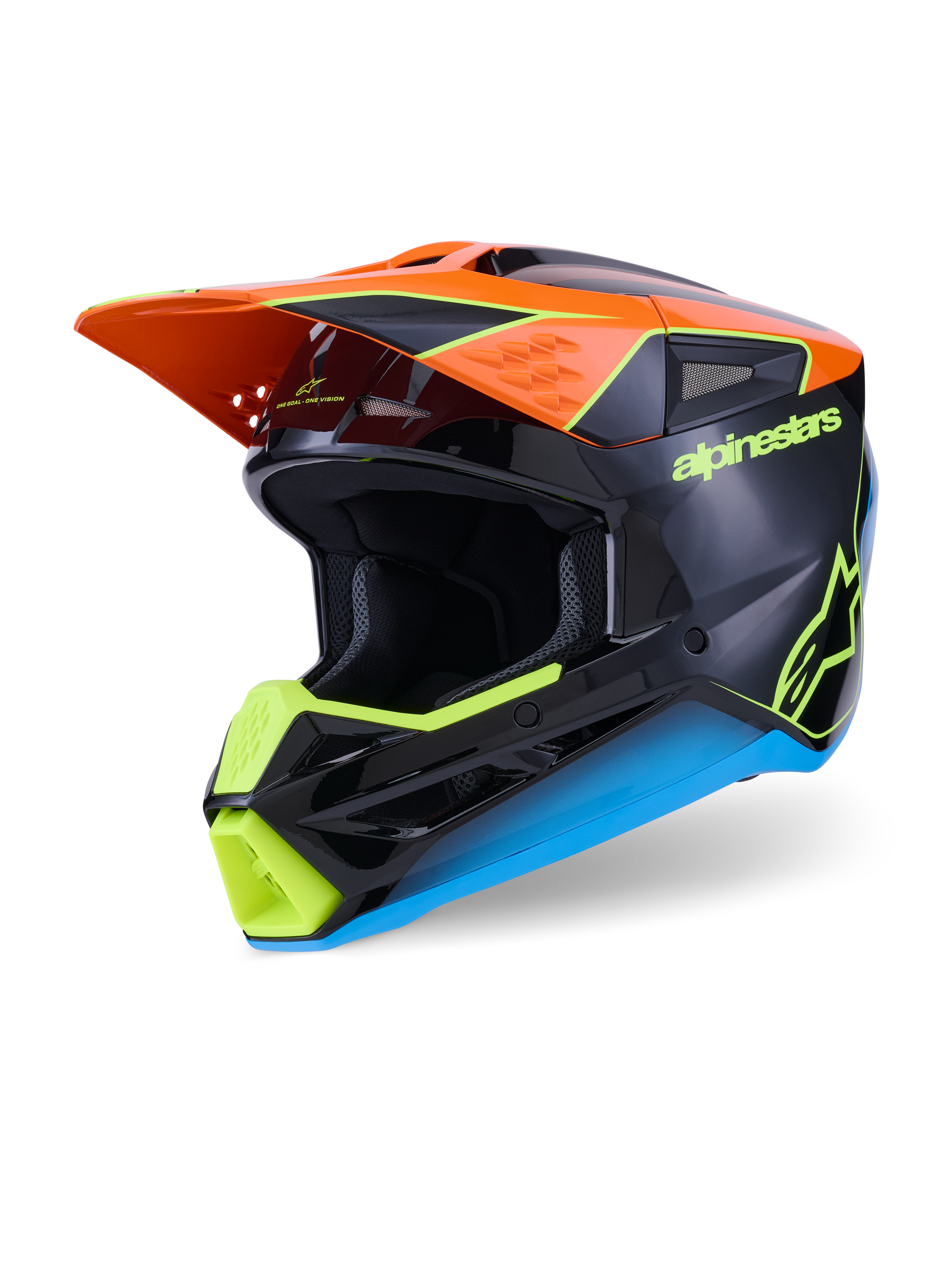 Alpinestars S-M3 Fray Helm, Motocross-Helm, Schwarz mit orangefarbenen, neongelben und blauen Akzenten, Dreiviertelansicht mit aerodynamischer, thermogespritzt'er Schale und sch'tzendem Visier f'r den Offroad-Rennsport