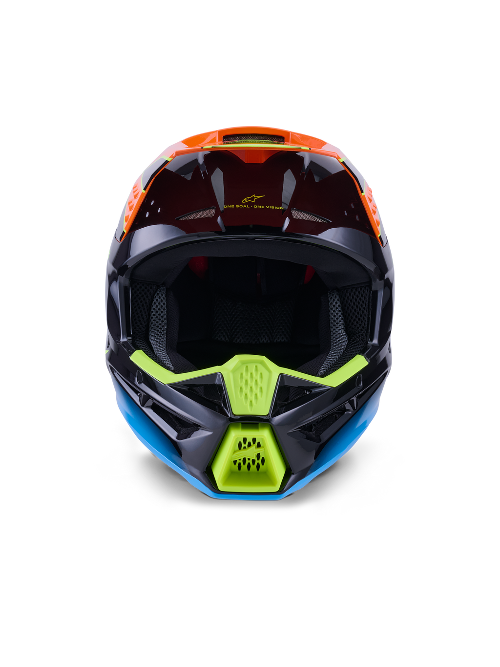 Alpinestars S-M3 Fray Helm ECE 22.06, Motocross-Helm, Schwarz, Orange und Fluo-Gelb, Vorderansicht mit aggressivem Kinnschutz-Design und Mesh-Belüftungsöffnungen, weitem Sichtfeld und aerodynamischem Profil für den Offroad-Rennsport.