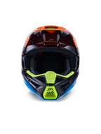 Alpinestars S-M3 Fray Helm ECE 22.06, Motocross-Helm, Schwarz, Orange und Fluo-Gelb, Vorderansicht mit aggressivem Kinnschutz-Design und Mesh-Belüftungsöffnungen, weitem Sichtfeld und aerodynamischem Profil für den Offroad-Rennsport.