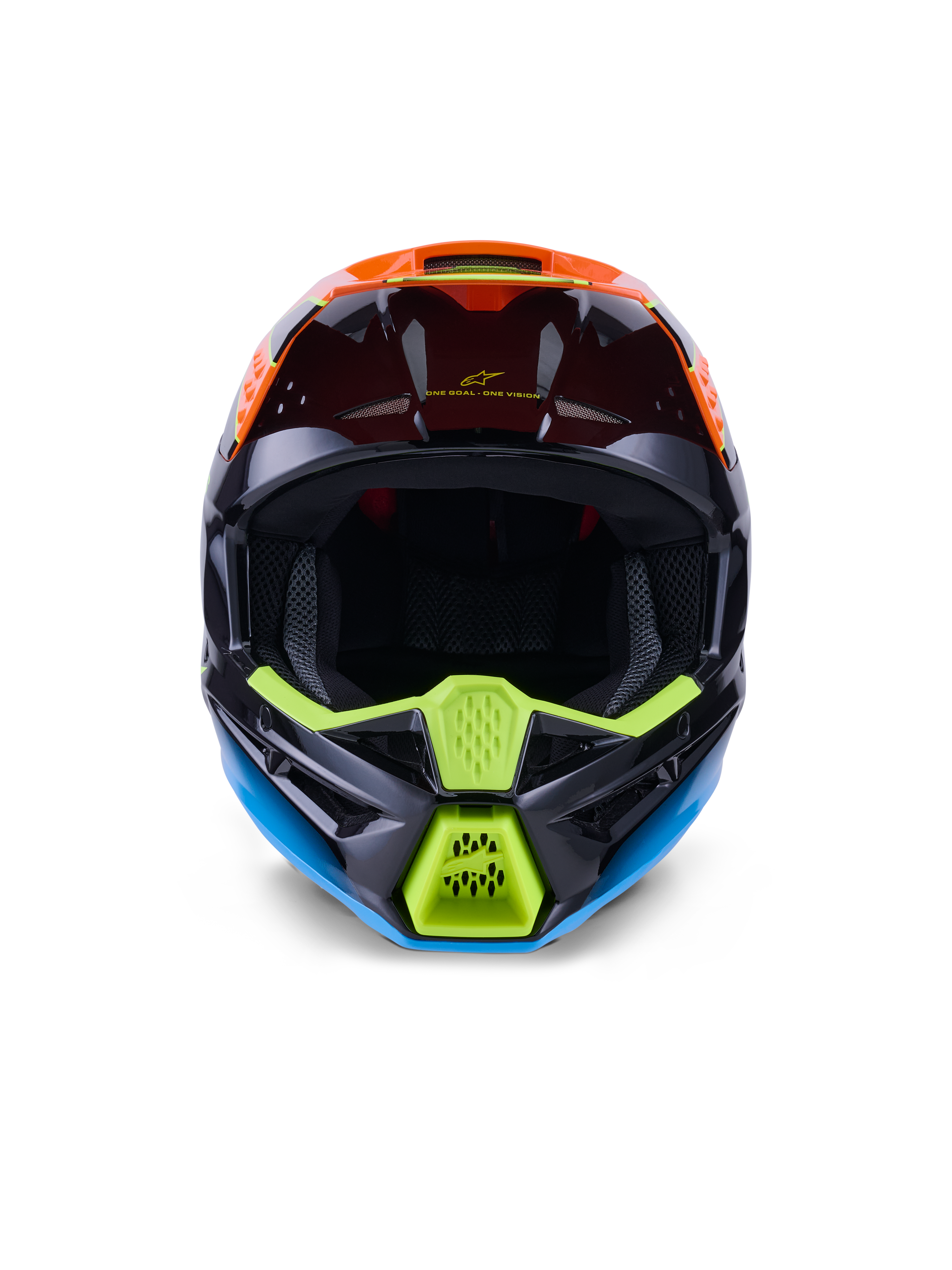 Alpinestars S-M3 Fray Helm ECE 22.06, Motocross-Helm, Schwarz, Orange und Fluo-Gelb, Vorderansicht mit aggressivem Kinnschutz-Design und Mesh-Belüftungsöffnungen, weitem Sichtfeld und aerodynamischem Profil für den Offroad-Rennsport.