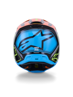 Alpinestars S-M3 Fray Helm ECE 22.06, Motocross-Helm, Rückansicht, Schwarz mit leuchtend orangefarbenen und neongelben Akzenten, großes blaues Panel mit schwarzem Alpinestars-Sternlogo, Offroad-Rennschutz