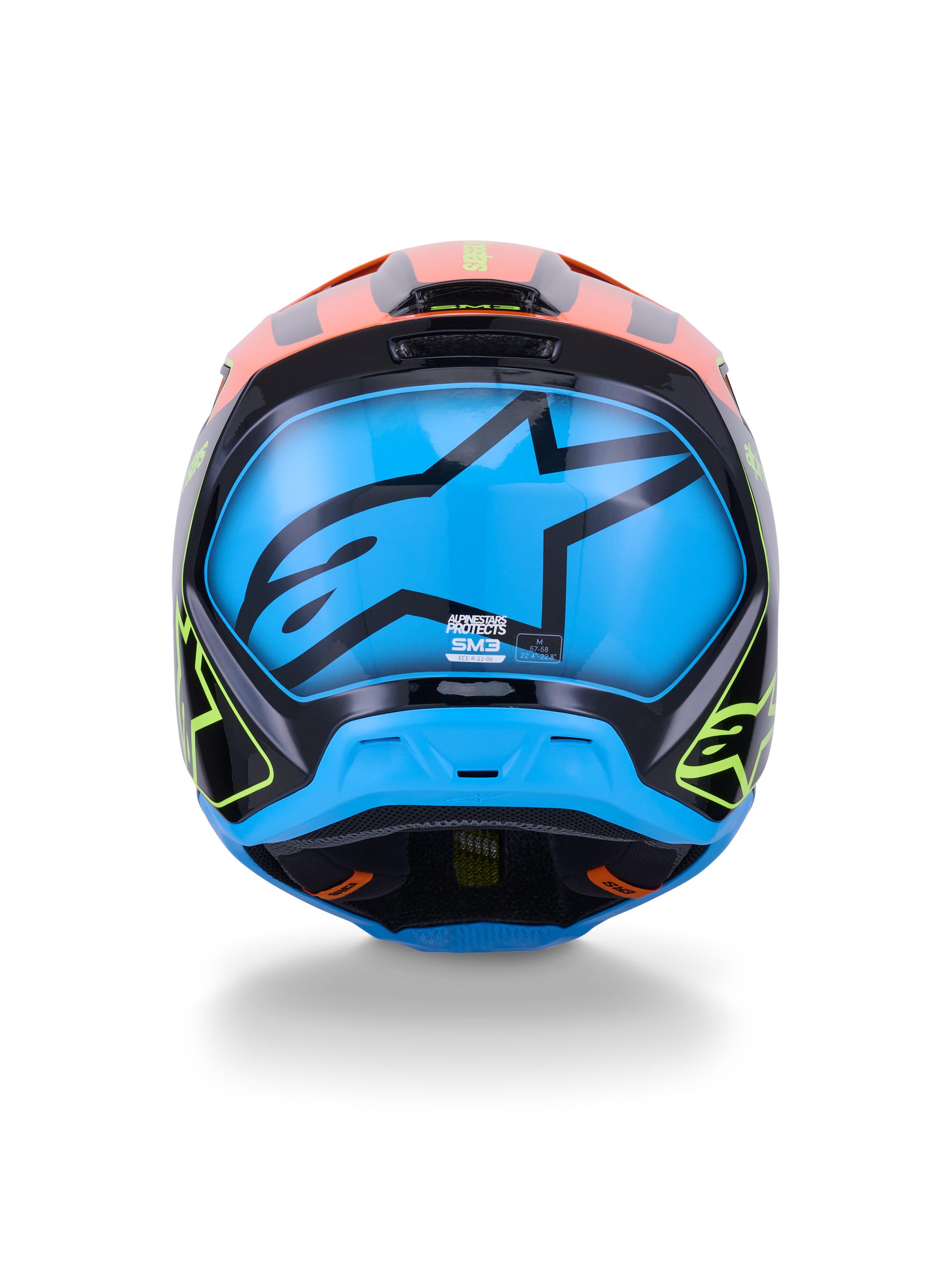 Alpinestars S-M3 Fray Helm ECE 22.06, Motocross-Helm, Rückansicht, Schwarz mit leuchtend orangefarbenen und neongelben Akzenten, großes blaues Panel mit schwarzem Alpinestars-Sternlogo, Offroad-Rennschutz