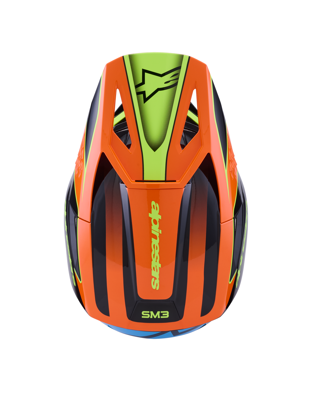Alpinestars S-M3 Fray Helm, Motocross-Helm, Orange und Neongelb mit schwarzen Akzenten, Draufsicht mit aerodynamischer Schale und Helmschirm mit Alpinestars-Logo, lebendiges Grafikdesign für Offroad-Einsätze